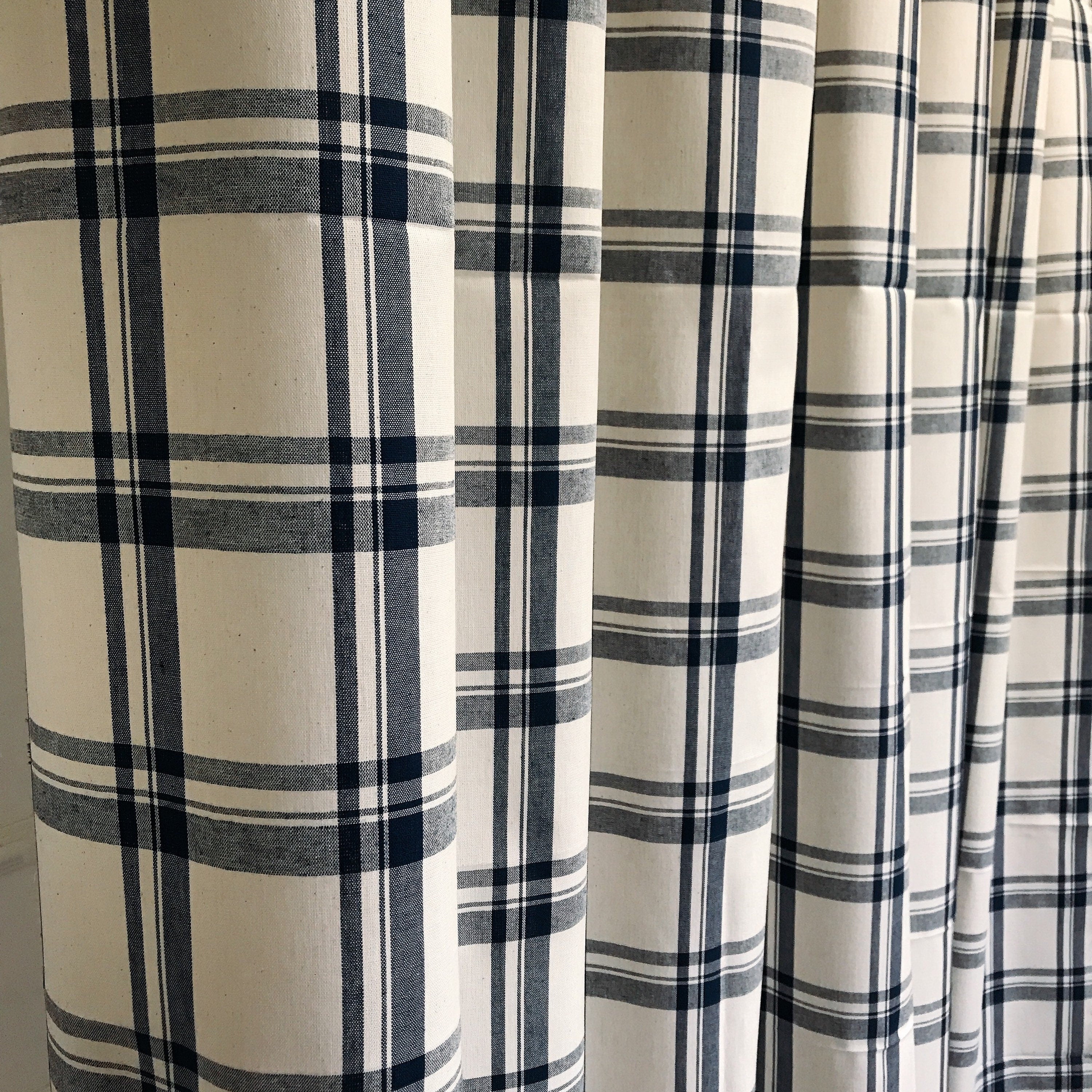 Spruce Blue Check Curtain on Ivory