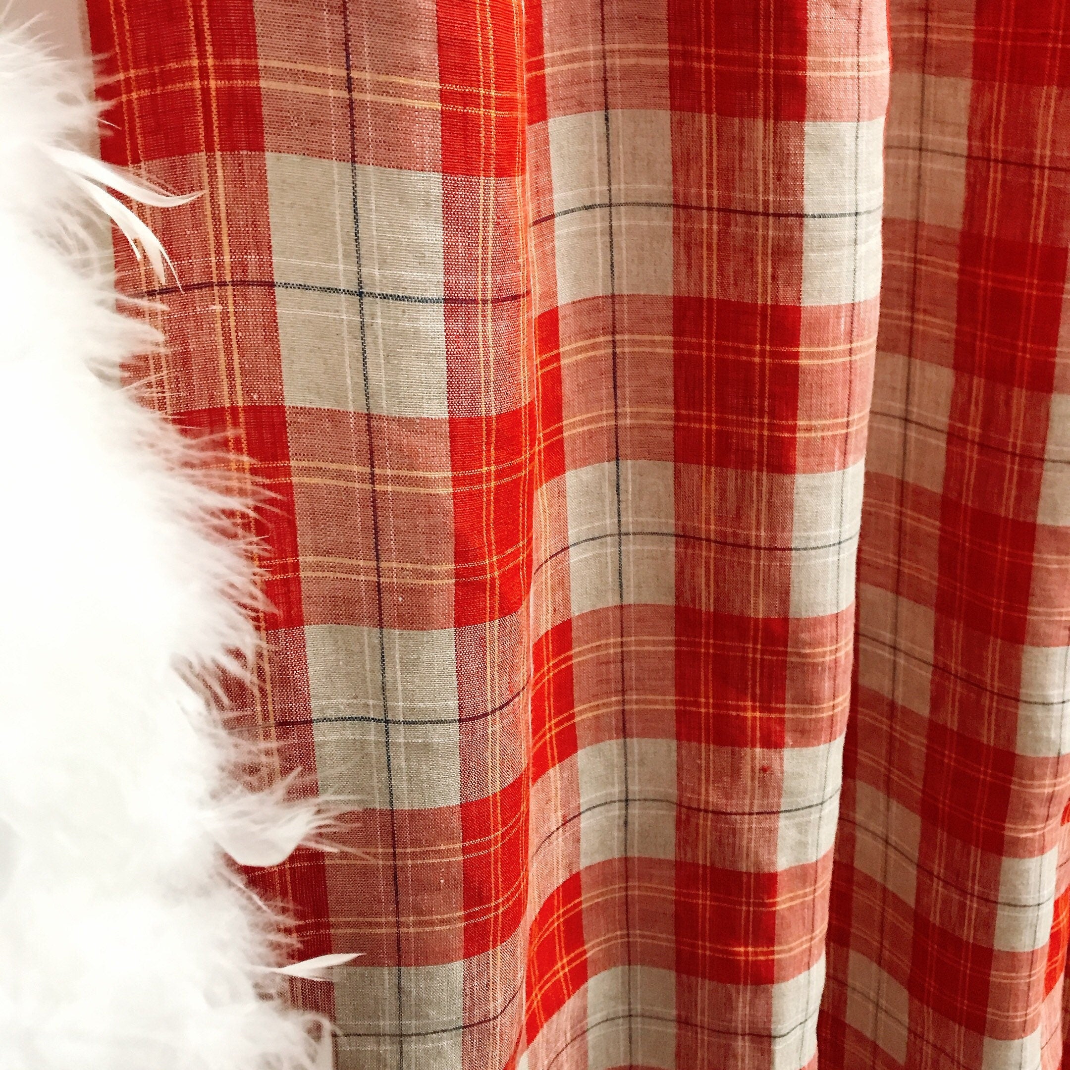 Red and Yellow Plaid Linen Curtain on Natural Beige with Orange Accents