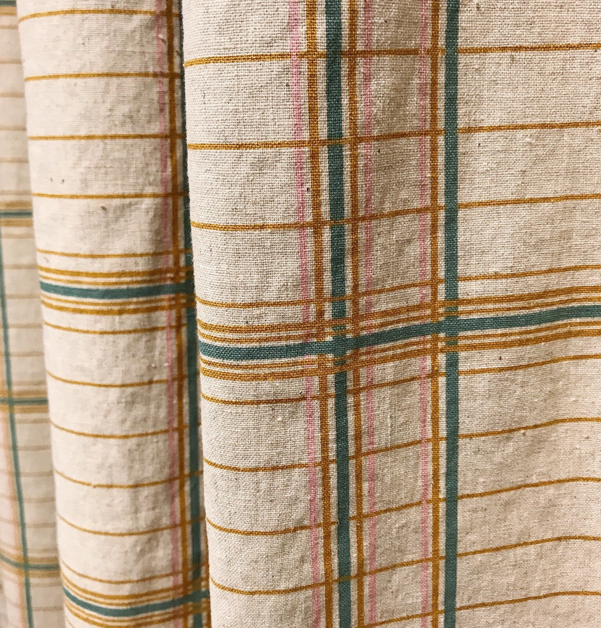 Mustard Teal and Baby Pink Plaid Curtain on Natural Beige
