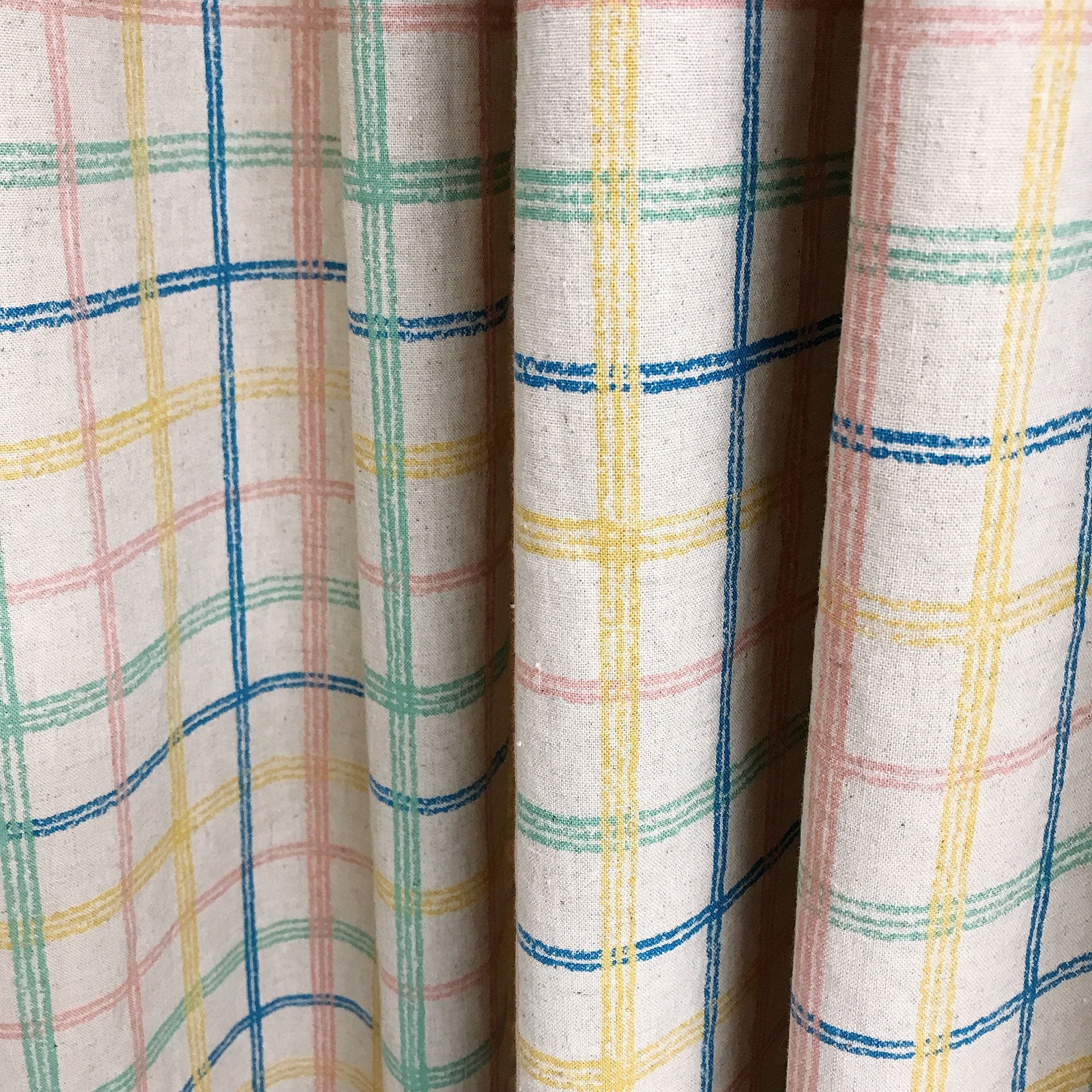 Blue Yellow and Pink Plaid Curtain on Beige