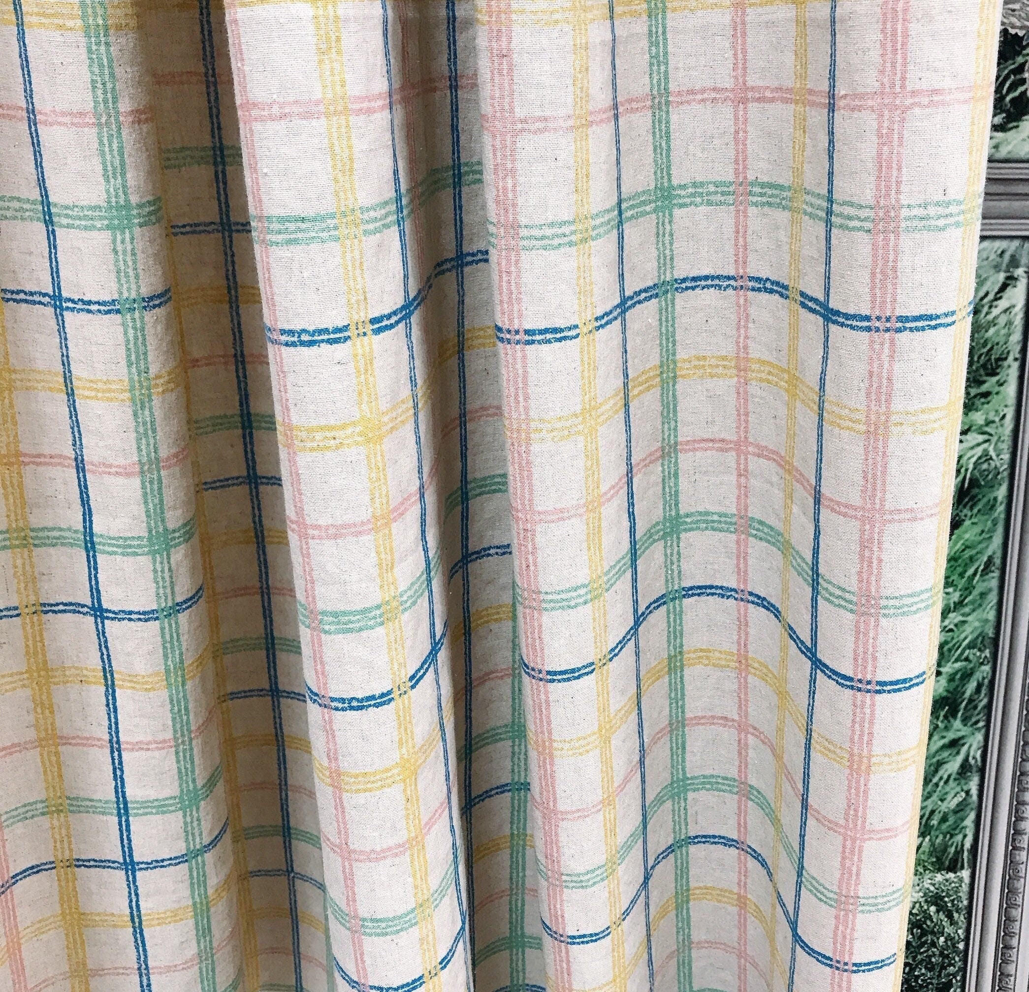 Blue Yellow and Pink Plaid Curtain on Beige