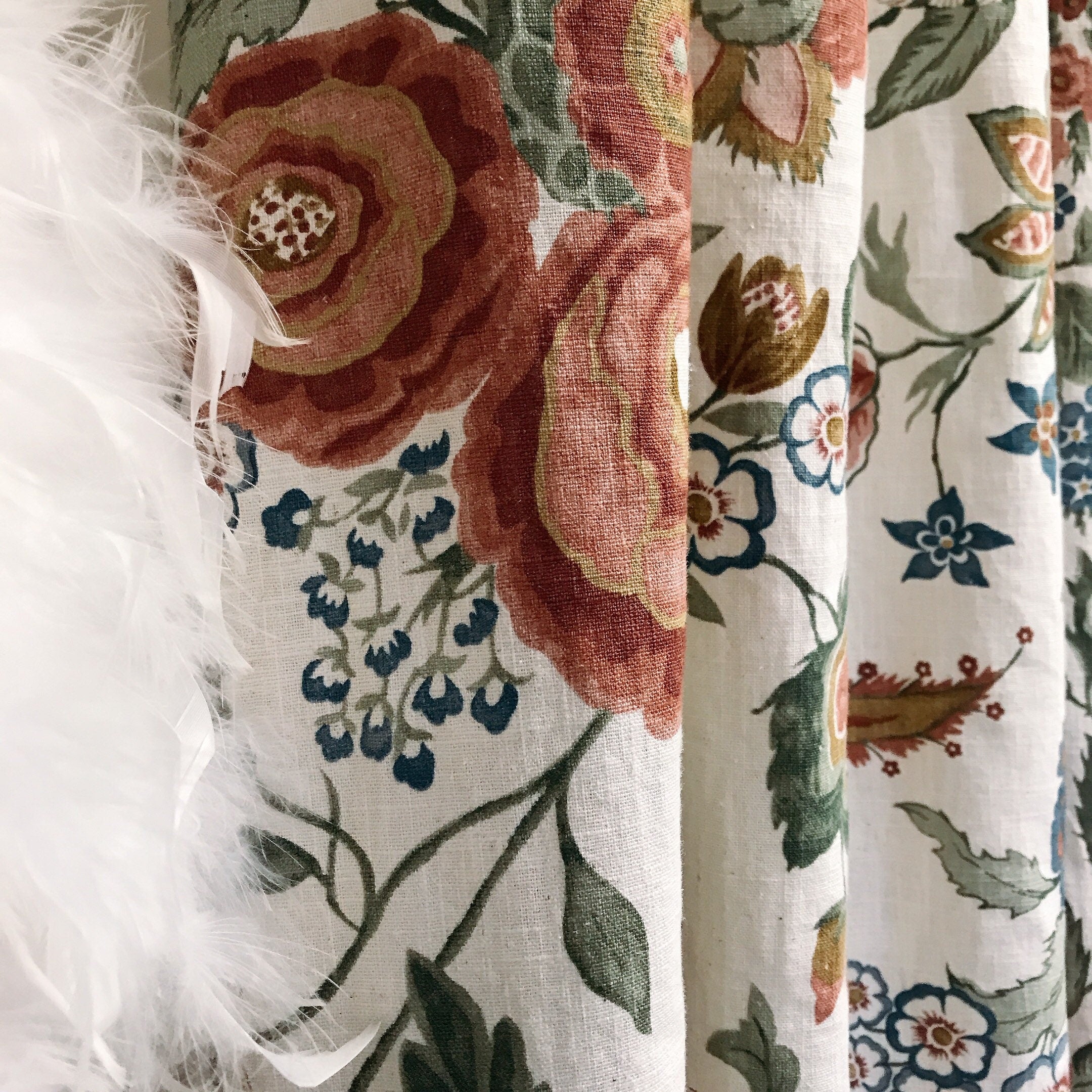 Large Peony and Butterfly Print Curtain on Ivory