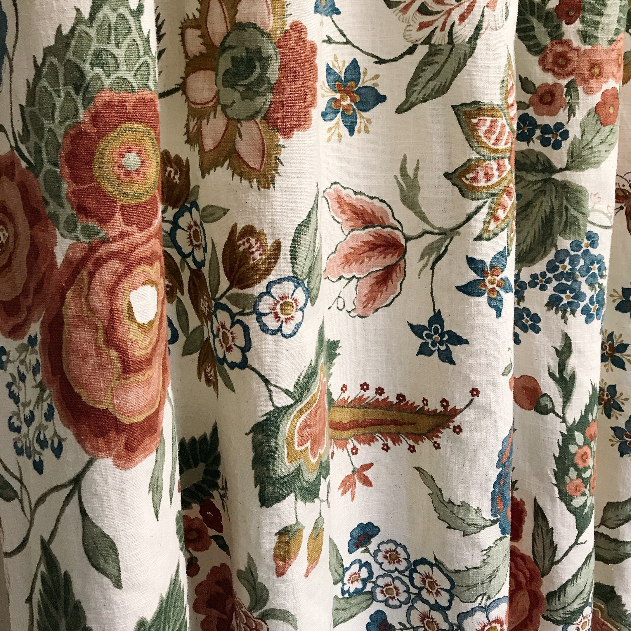 Large Peony and Butterfly Print Curtain on Ivory