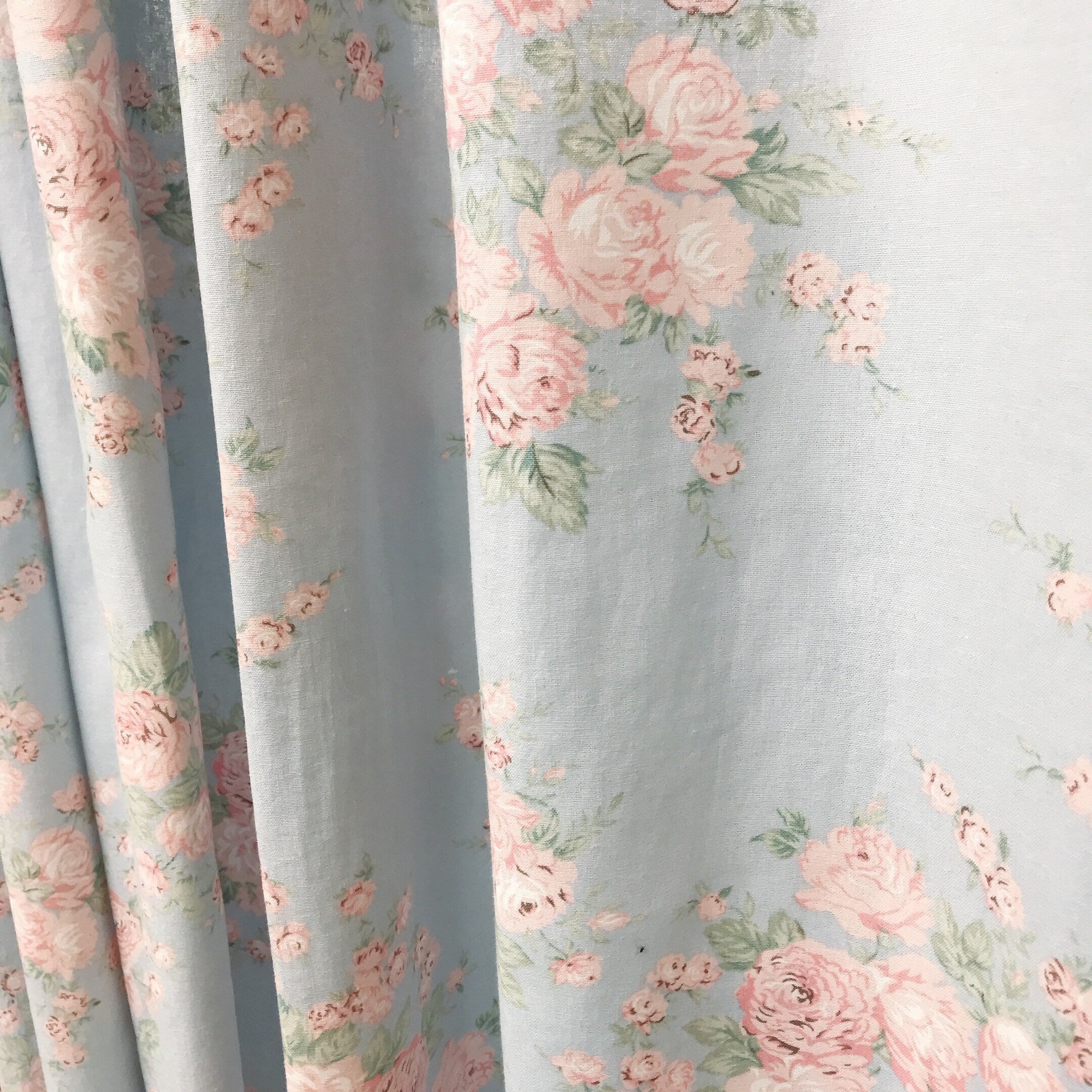 Peach and Baby Pink Floral Curtain on Light Blue