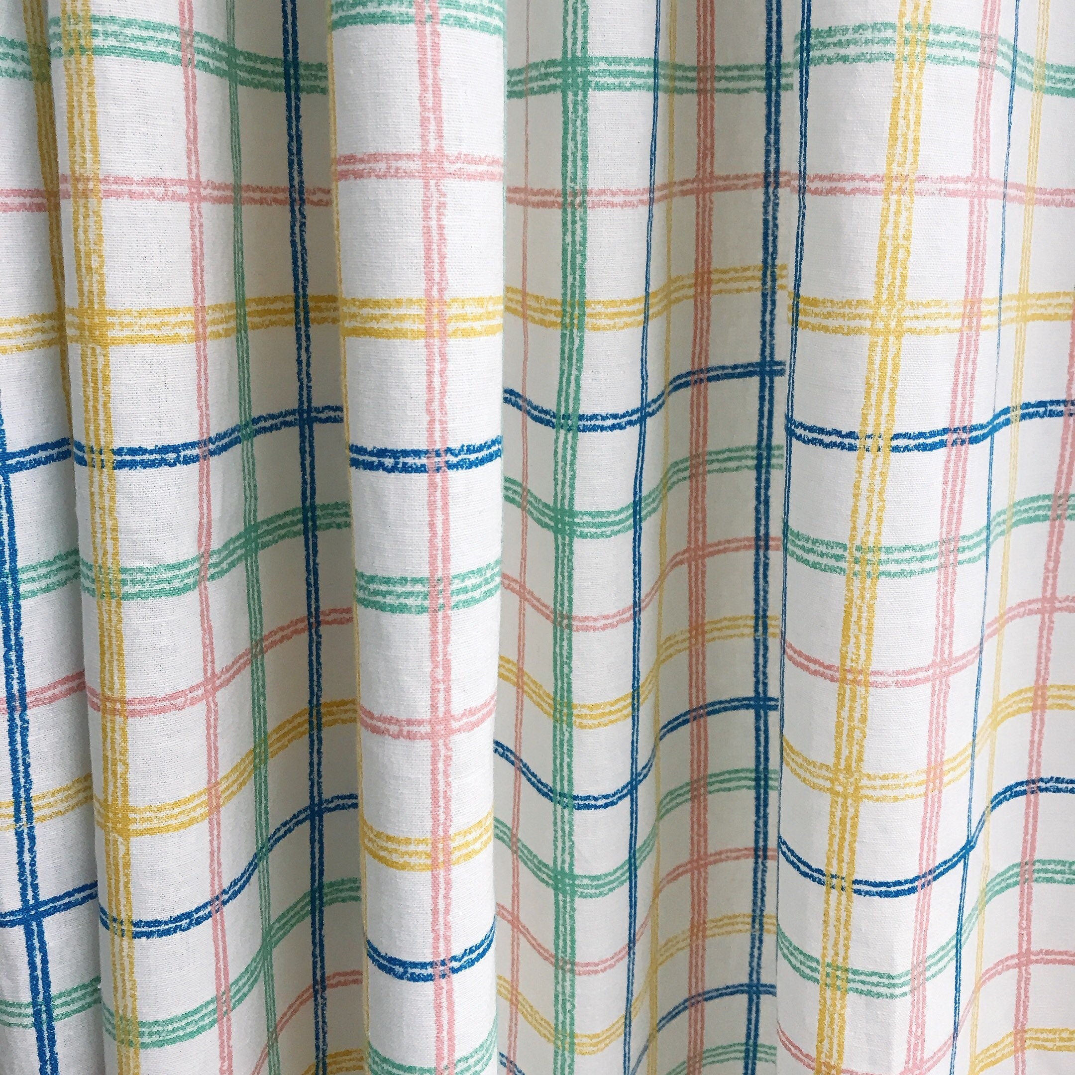 Blue Yellow Pink Green Plaid Curtain on White
