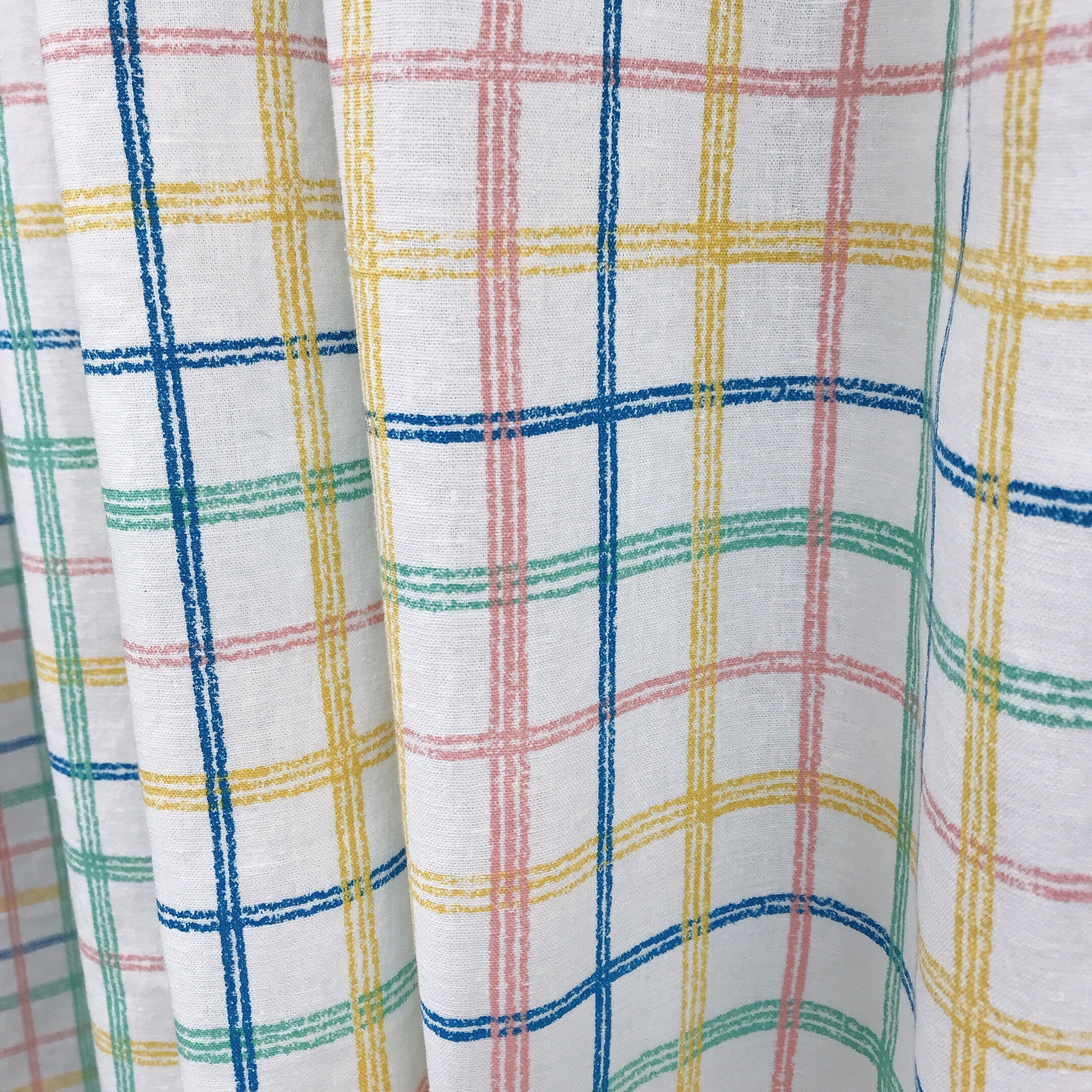 Blue Yellow Pink Green Plaid Curtain on White
