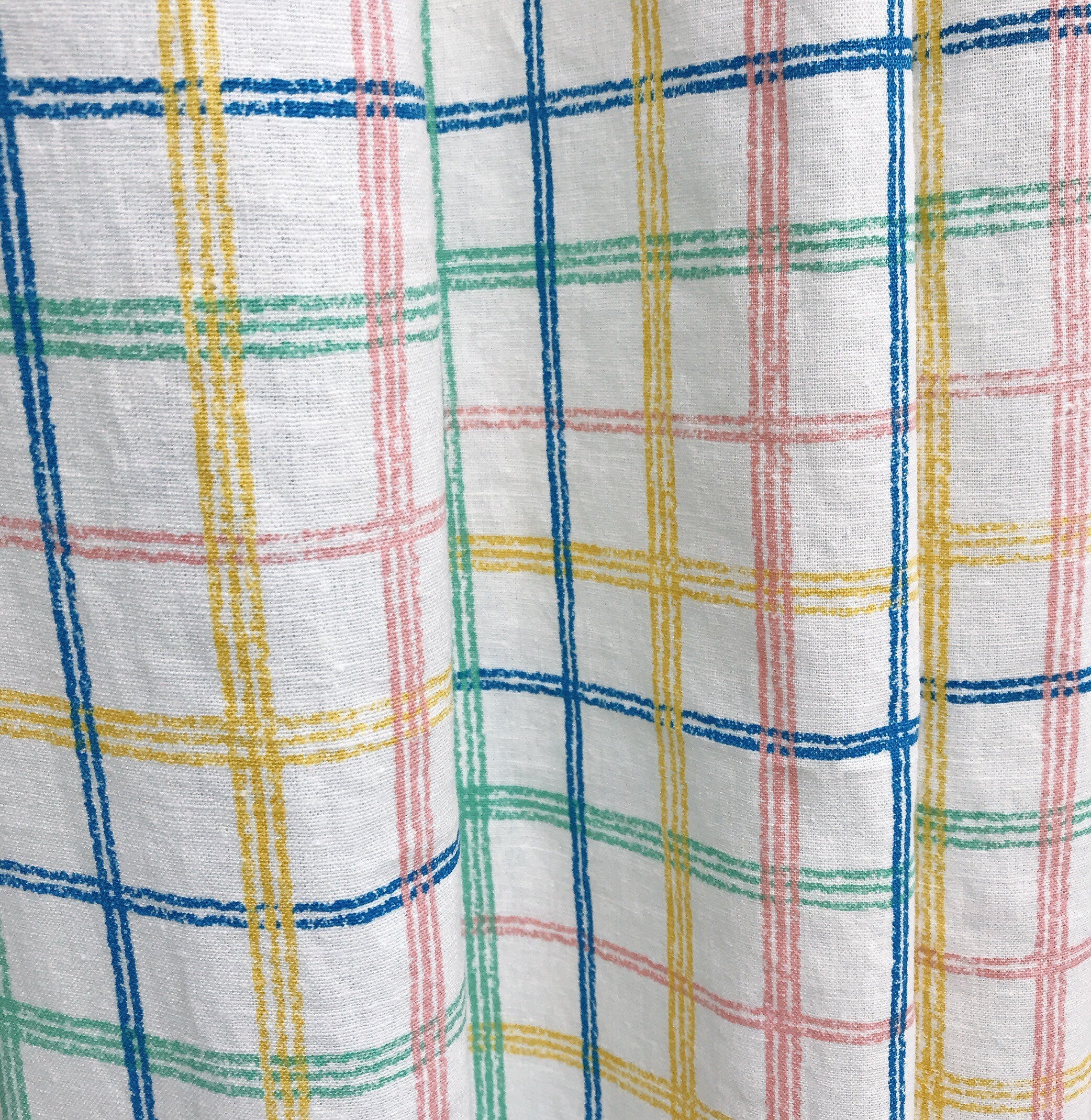 Blue Yellow Pink Green Plaid Curtain on White