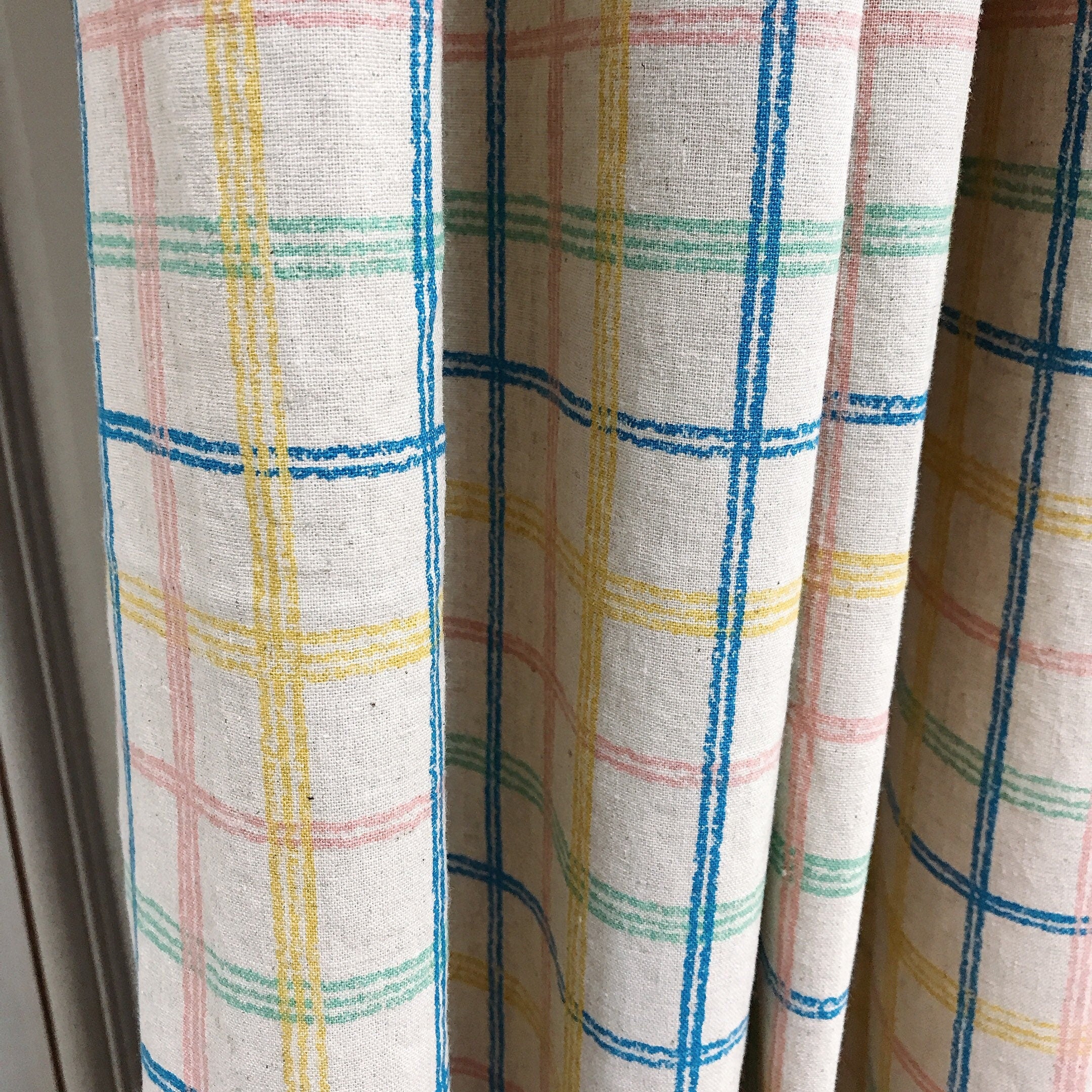Blue Yellow and Pink Plaid Curtain on Beige