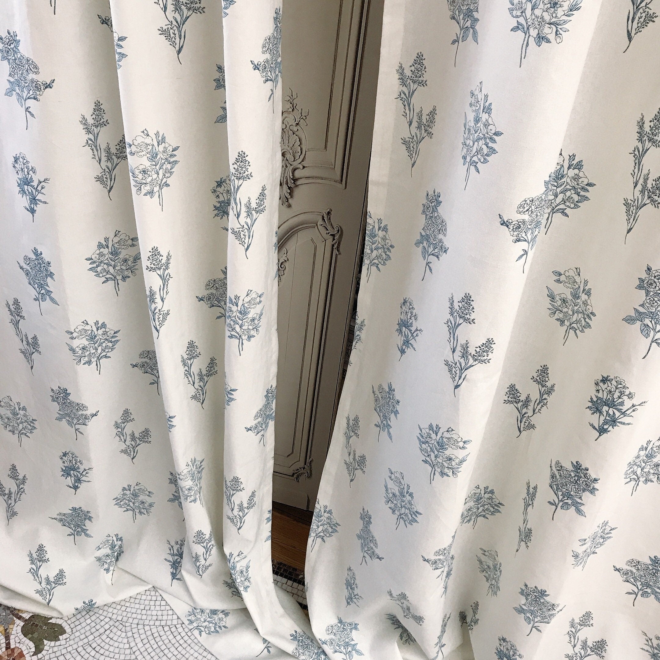 Blue Floral Curtain on Ivory