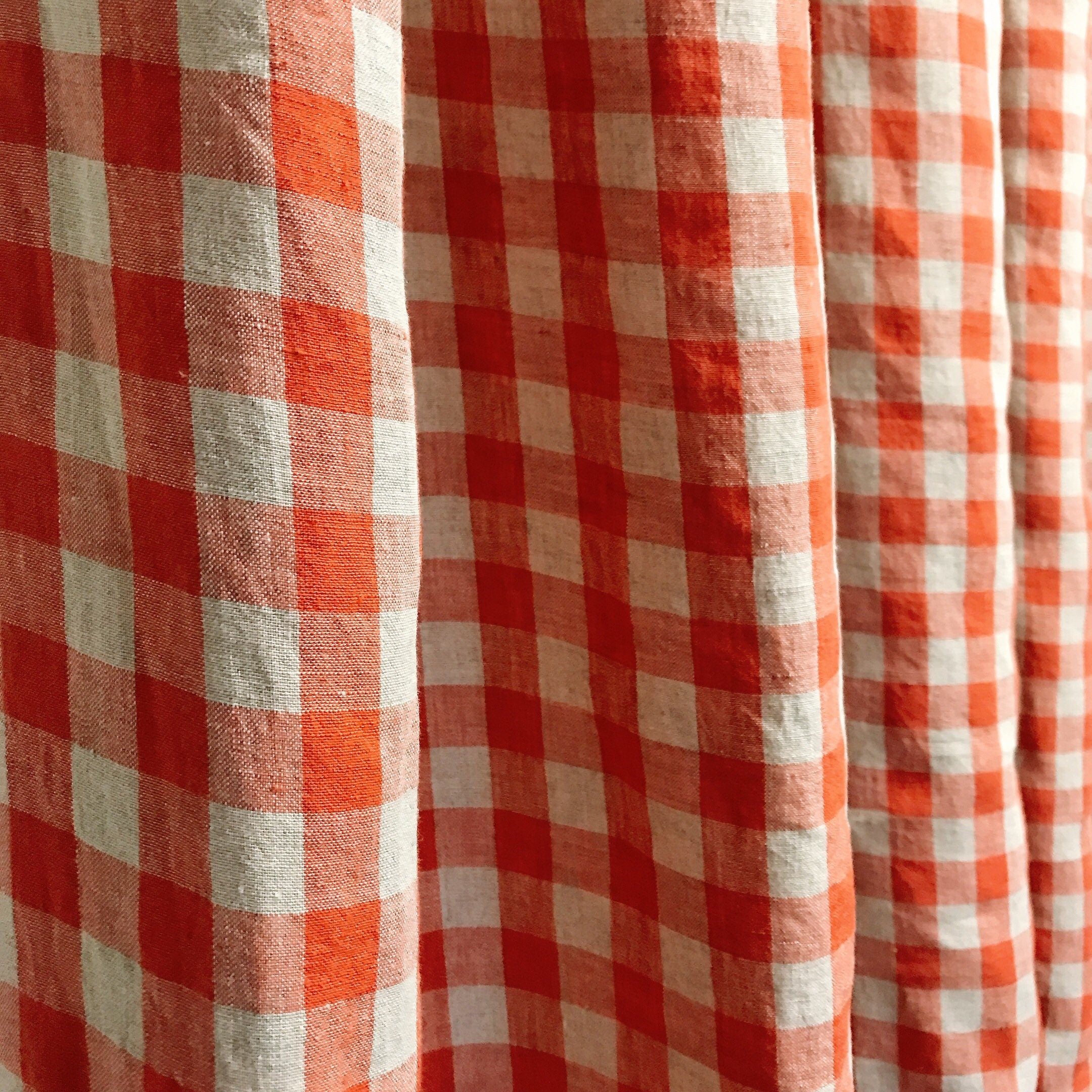 Plaid Vermilion Red Curtain on Natural Tan Beige