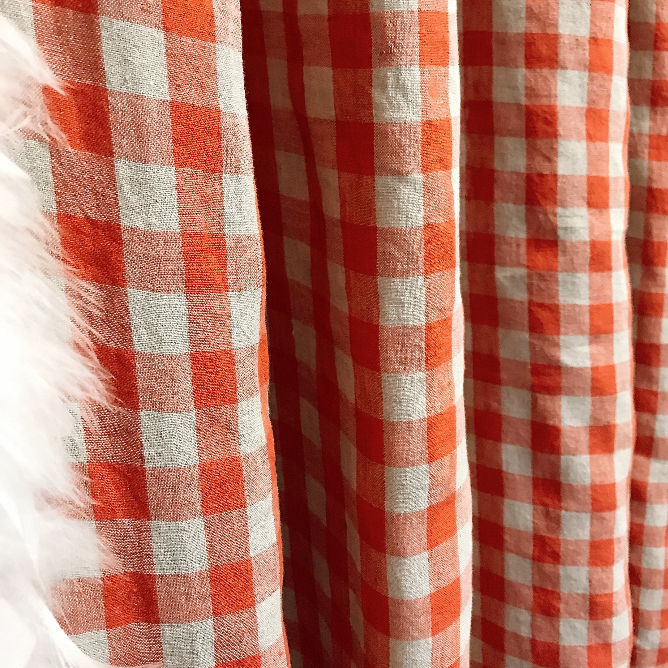 Plaid Vermilion Red Curtain on Natural Tan Beige