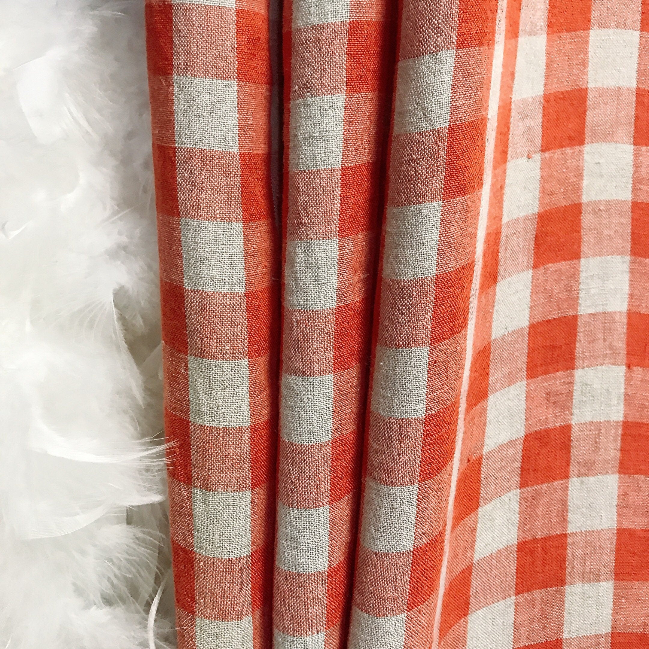 Plaid Vermilion Red Curtain on Natural Tan Beige