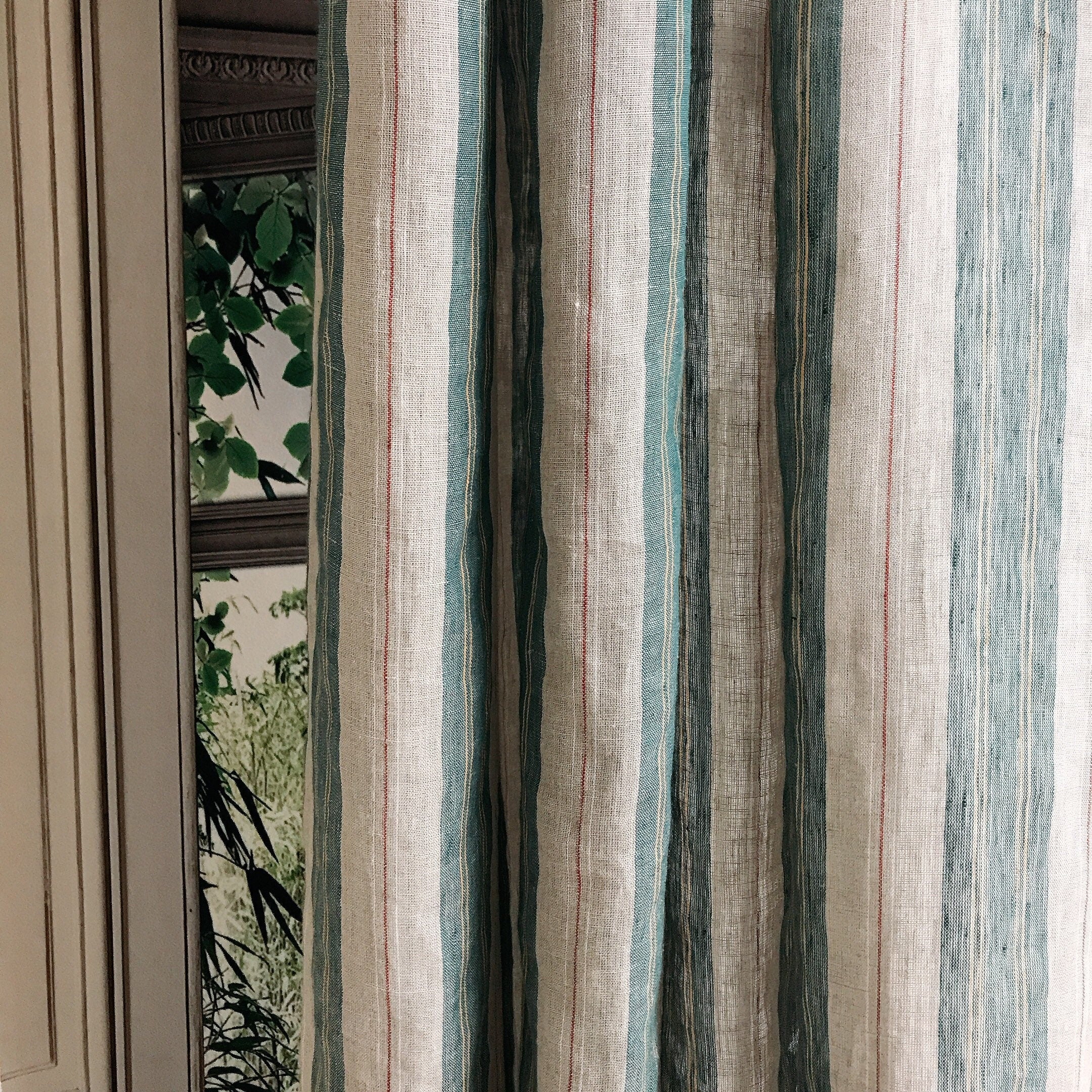 Teal Green and Red Vertical Stripe Linen Curtain on Natural Beige
