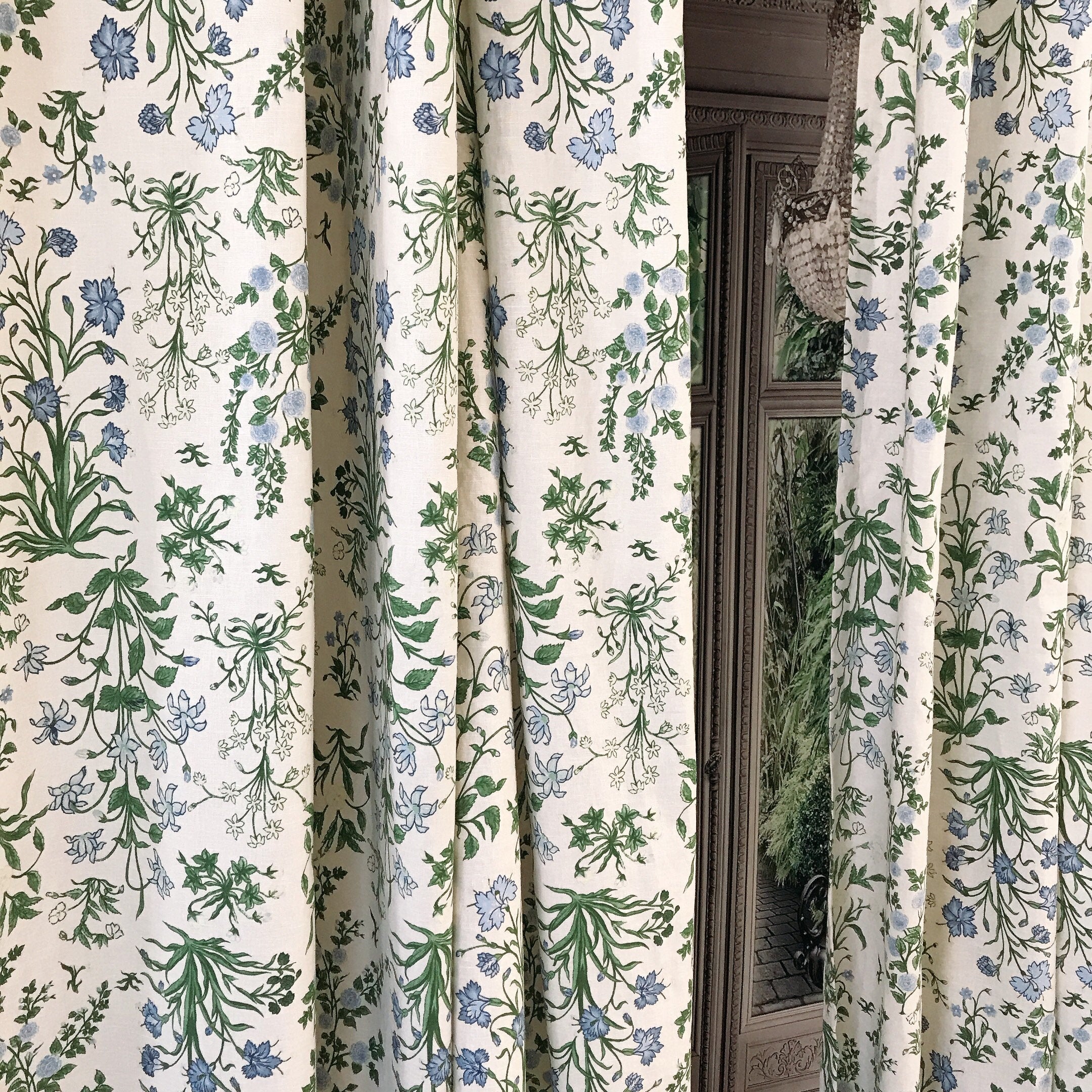 Light Sky Blue Floral Curtain on Pale Green Beige