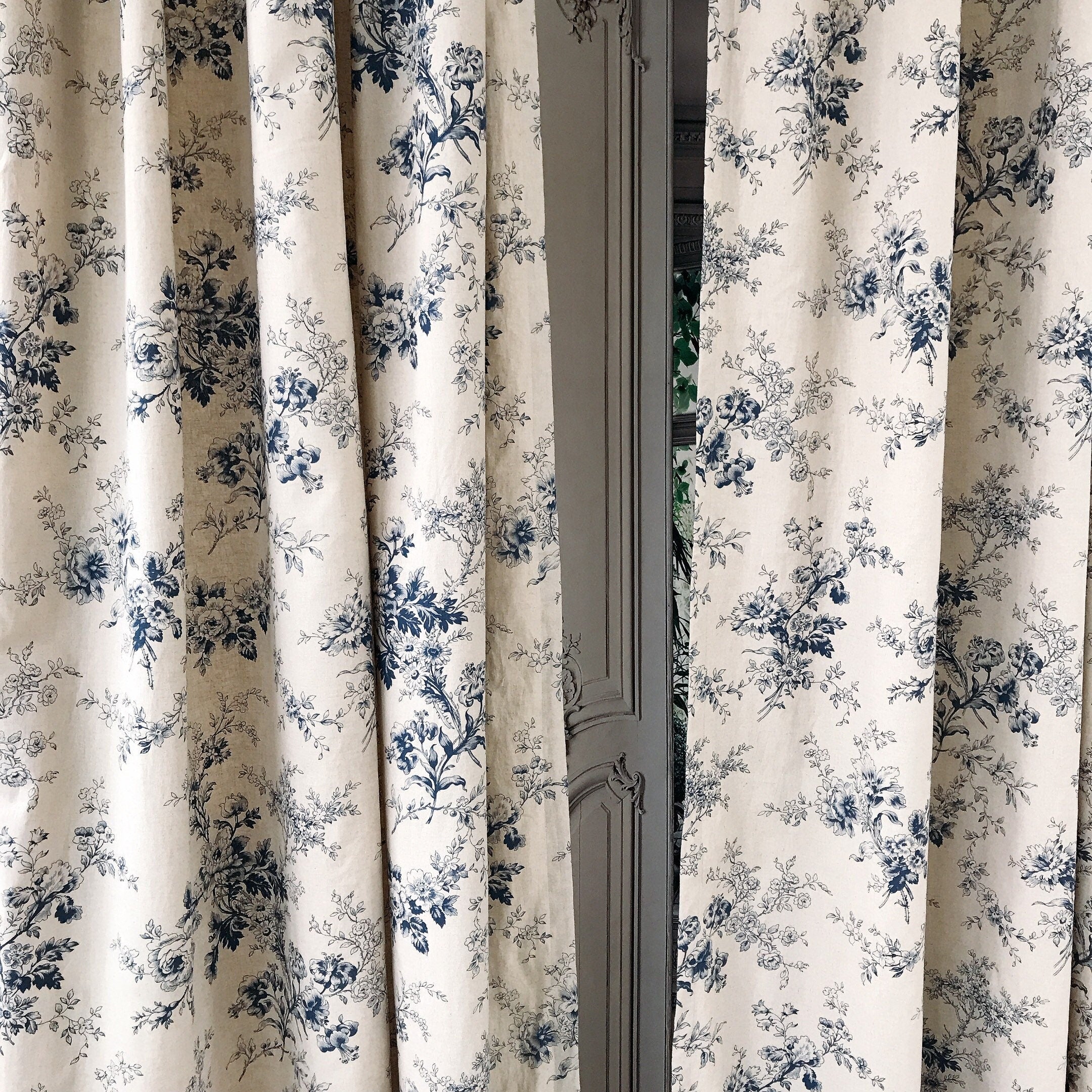 Navy Blue Floral Curtain on Natural Beige