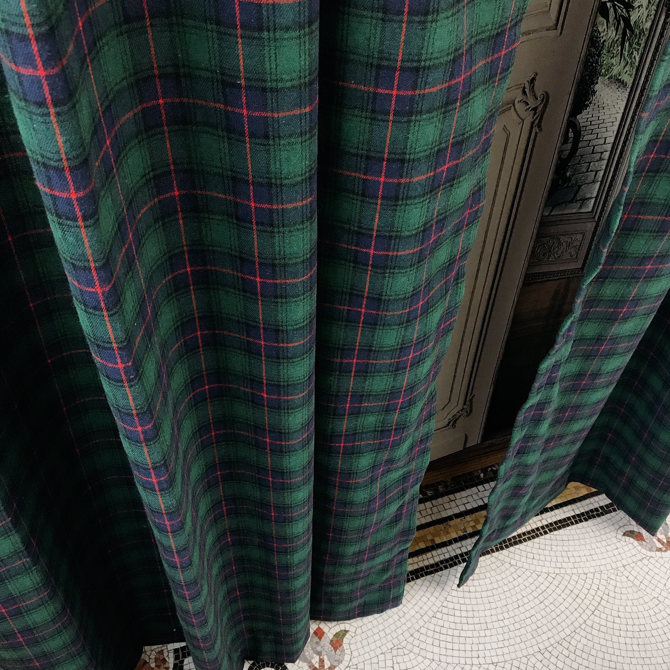 Navy Blue and Deep Green Wool Blend Plaid Curtain on Red Accents