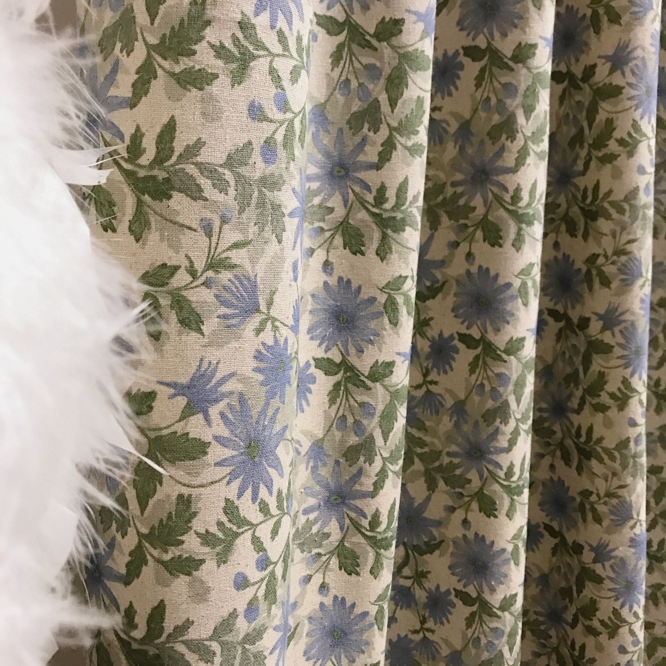 Pale Blue and Sage Floral Curtain on Natural Beige