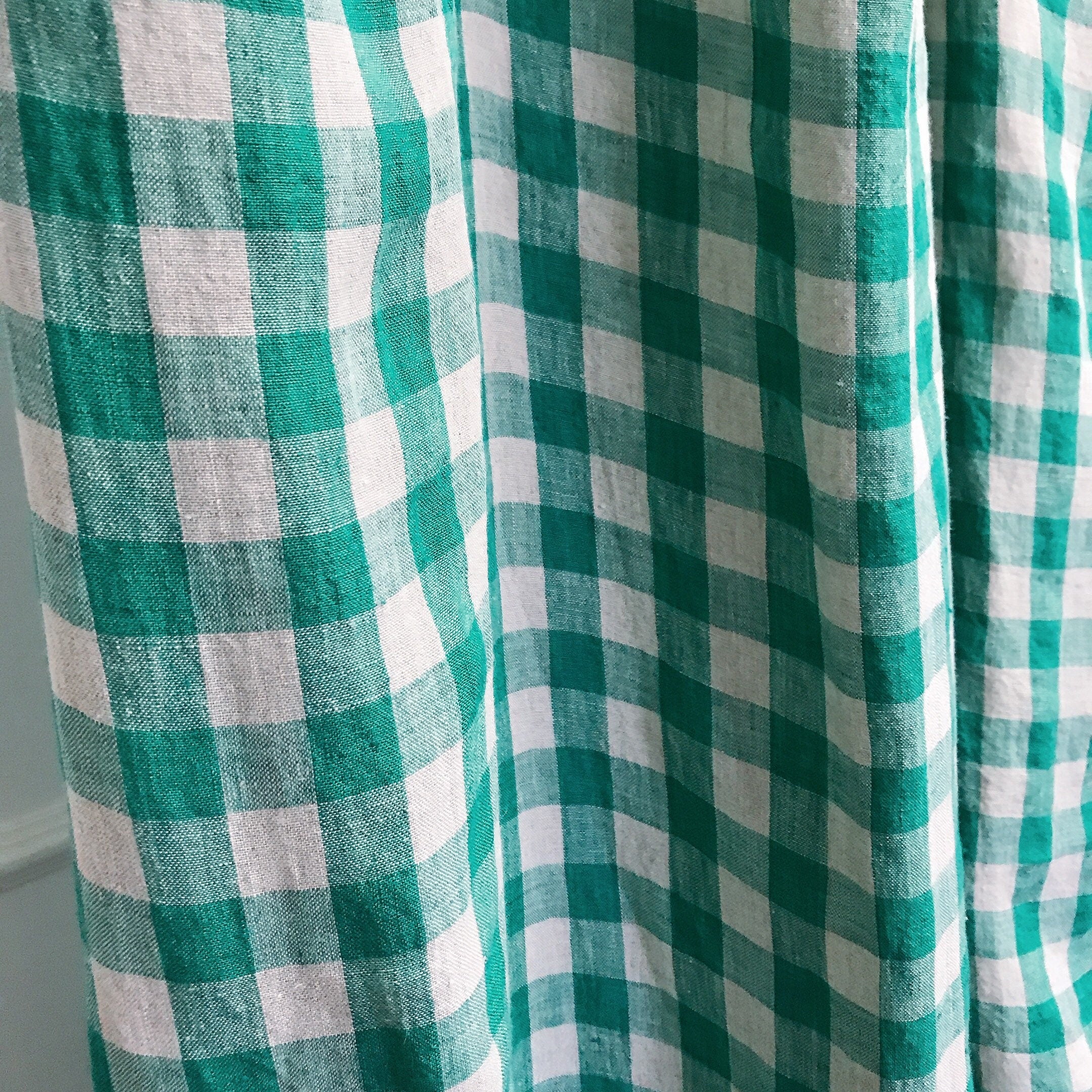 Green Plaid Linen Curtain on Natural Beige