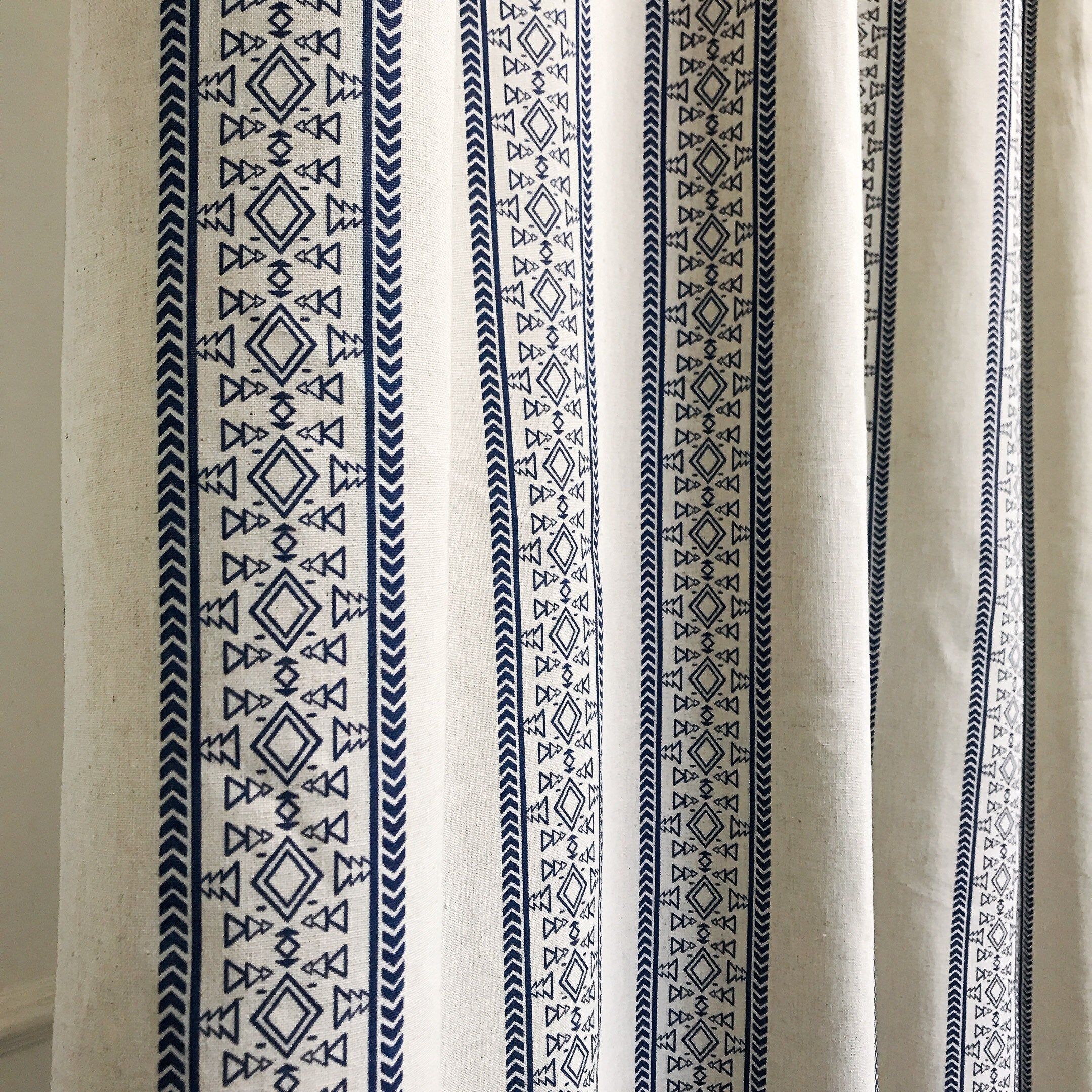 Indigo Blue Patterned Curtain on Natural Beige