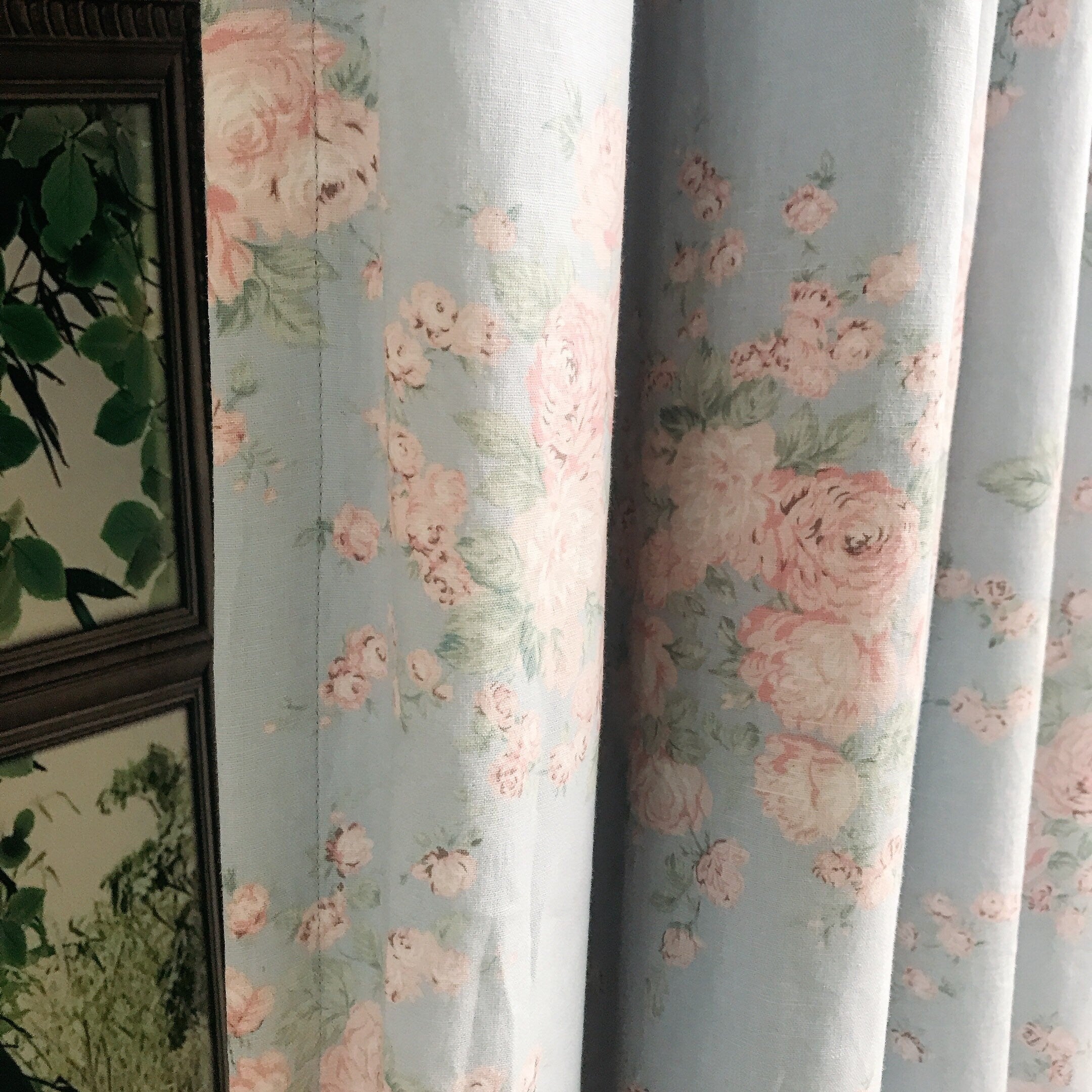 Peach and Baby Pink Floral Curtain on Light Blue