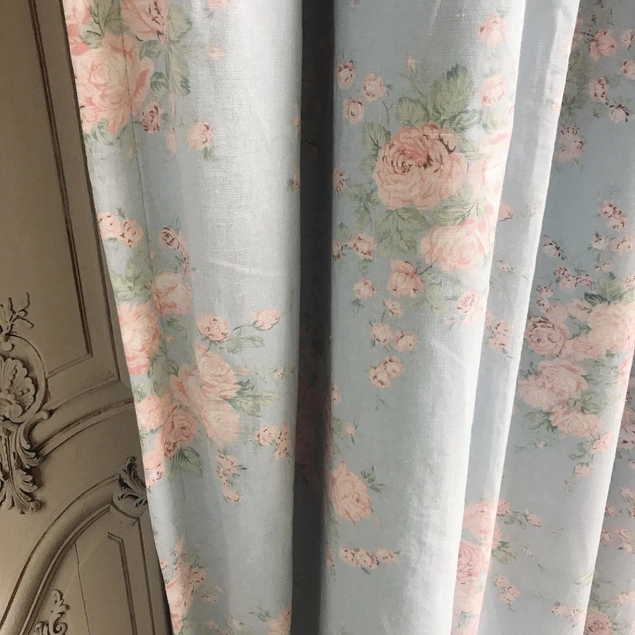 Peach and Baby Pink Floral Curtain on Light Blue