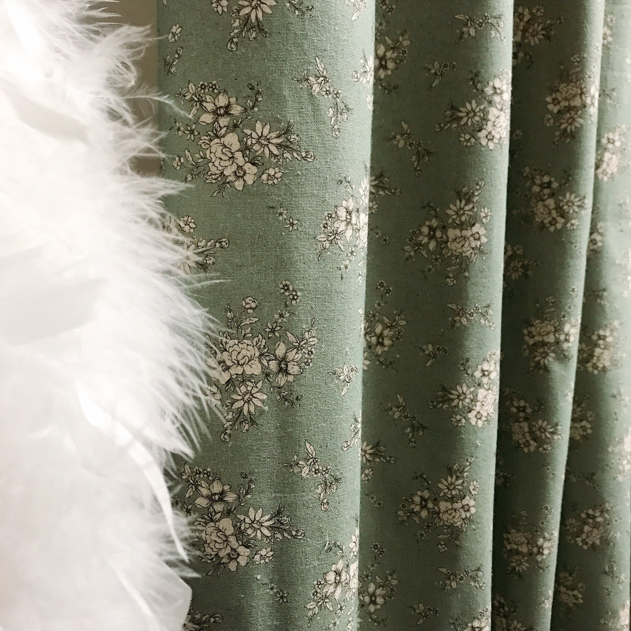 Natural Beige Floral Curtain on Sage Green