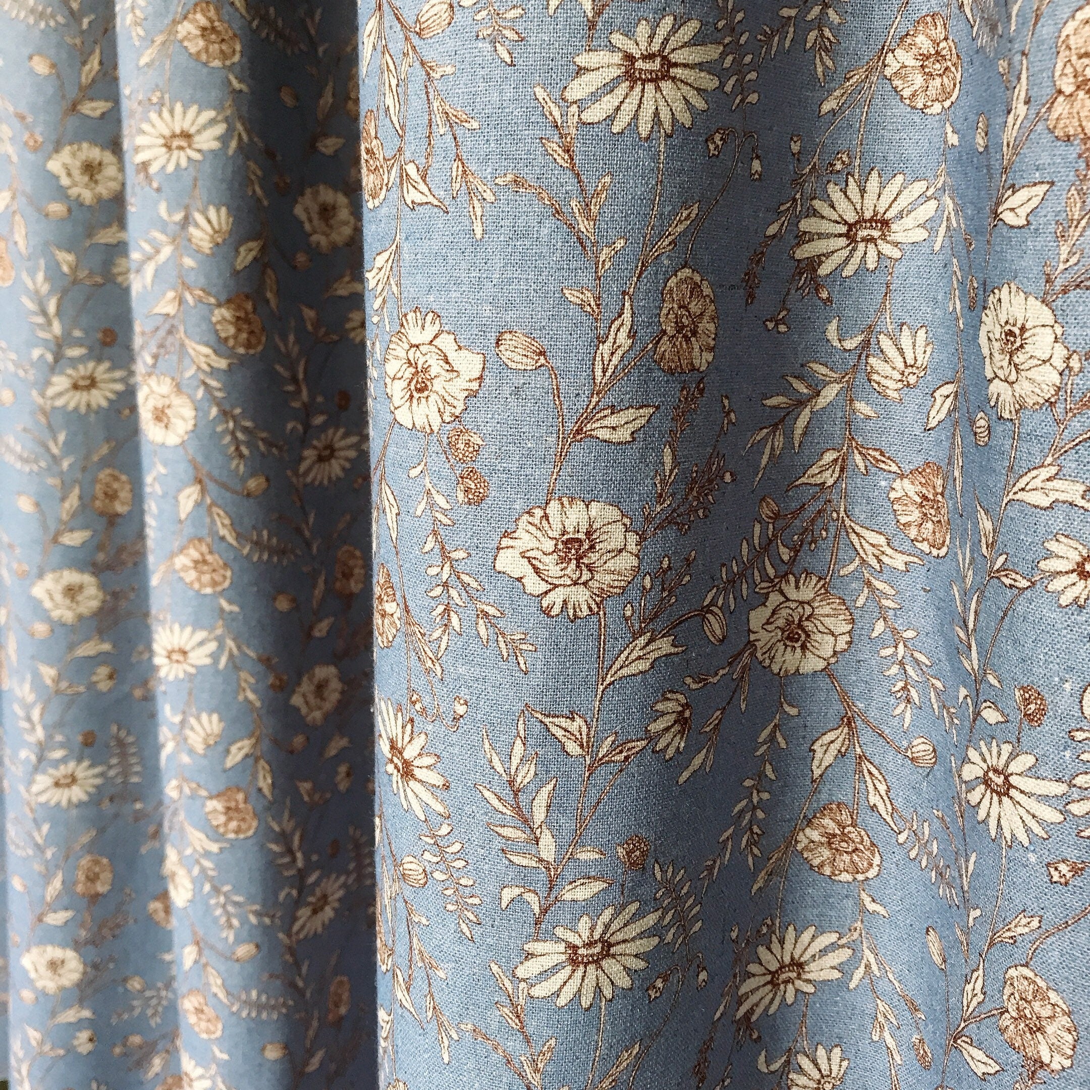 Natural Beige Floral Curtain on Blue Grey