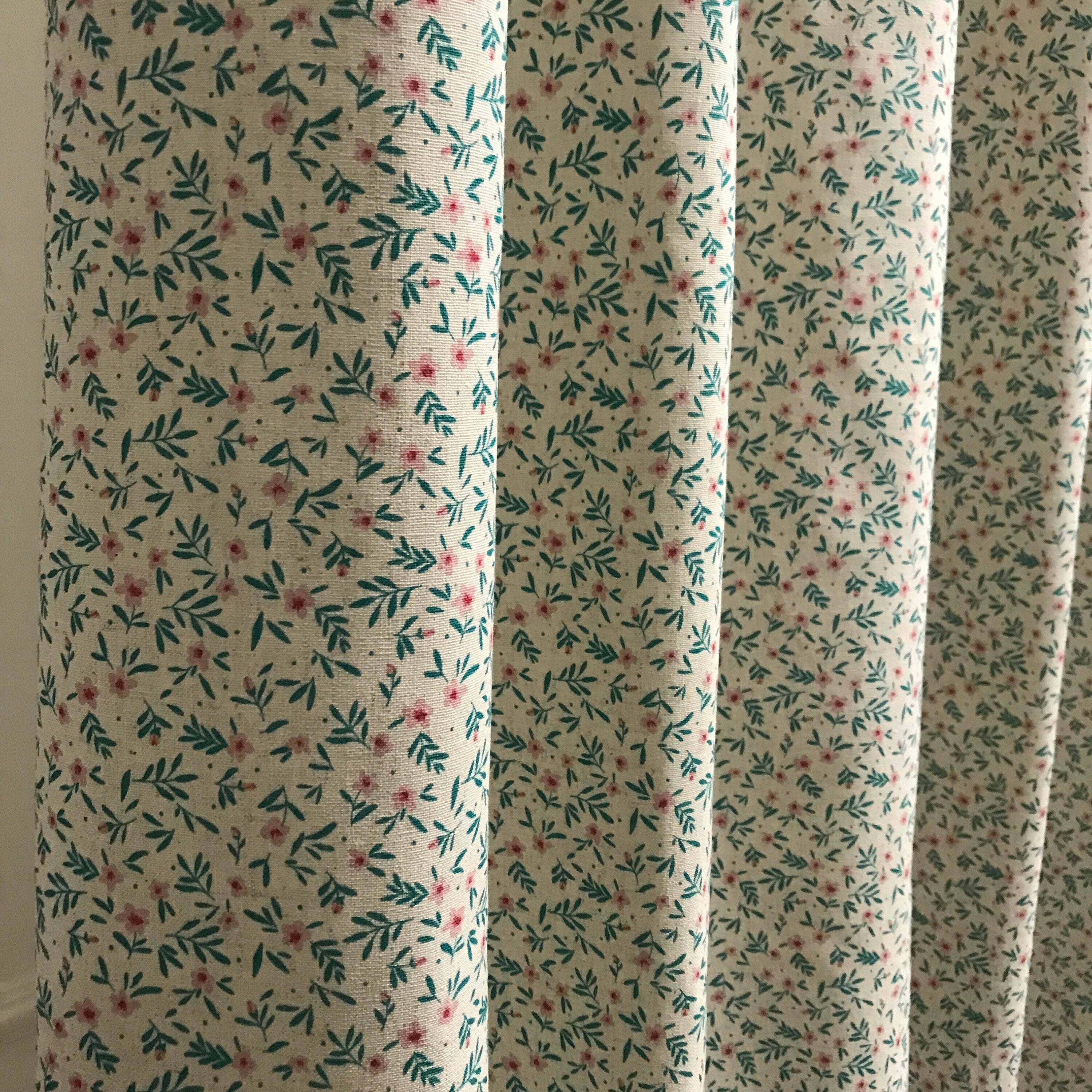 Teal Sprout Floral Curtain on Natural Beige