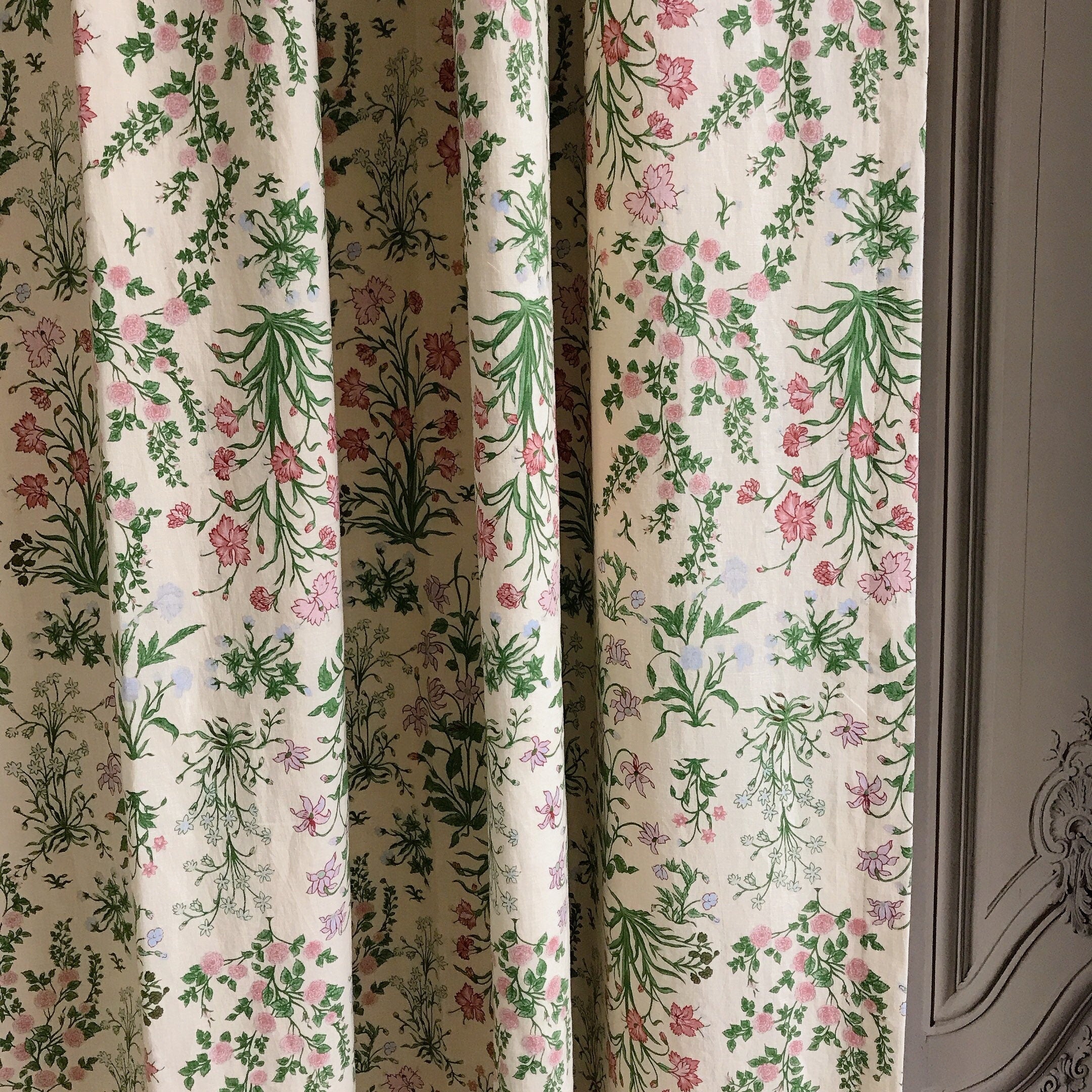 Pink and Pale Mint Floral Curtain on Buttercup Beige