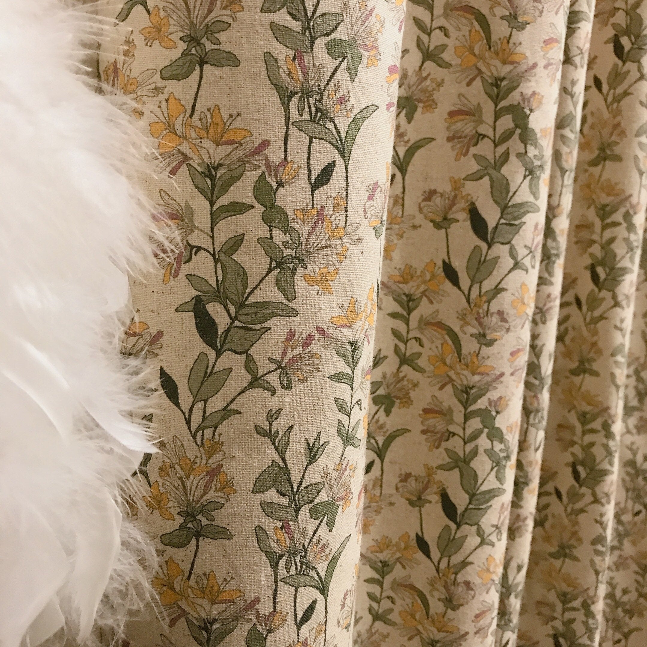 Light Orange and Plum Pink Floral Curtain on Natural Beige