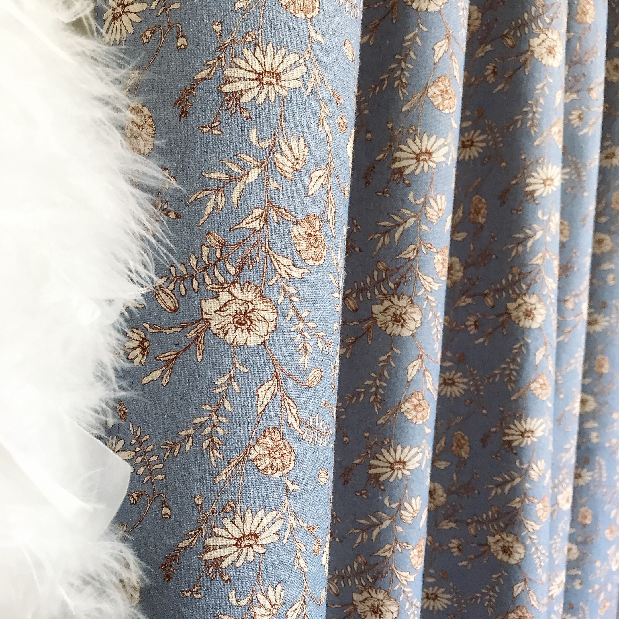 Natural Beige Floral Curtain on Blue Grey