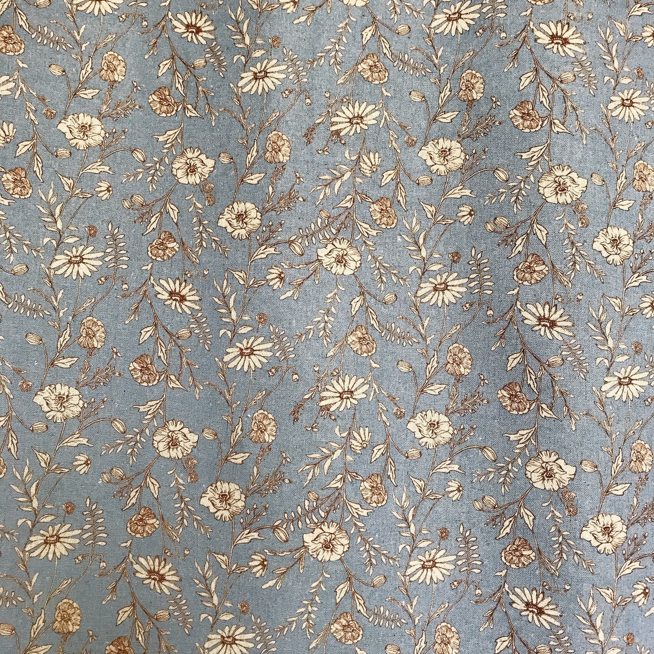 Natural Beige Floral Curtain on Blue Grey