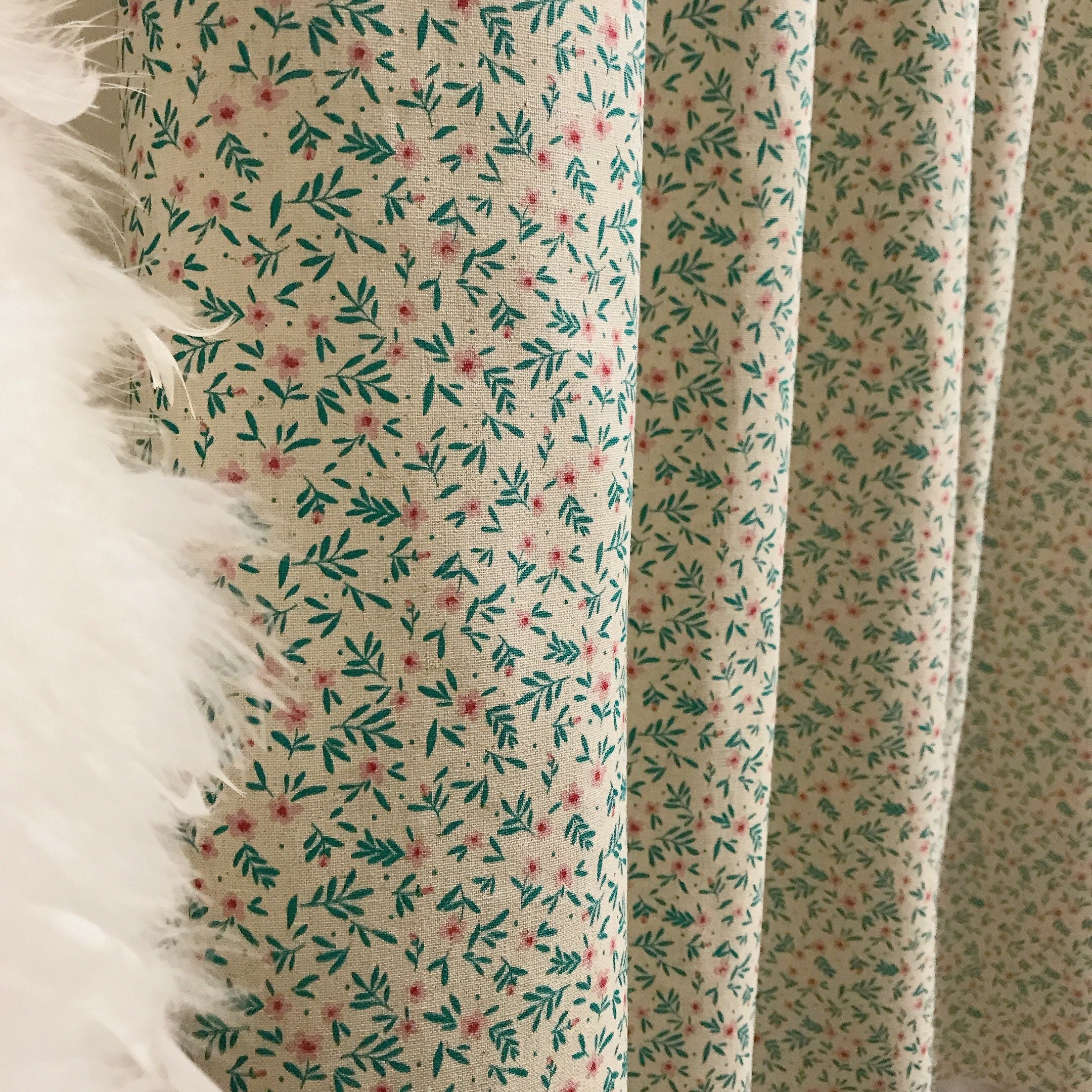 Teal Sprout Floral Curtain on Natural Beige