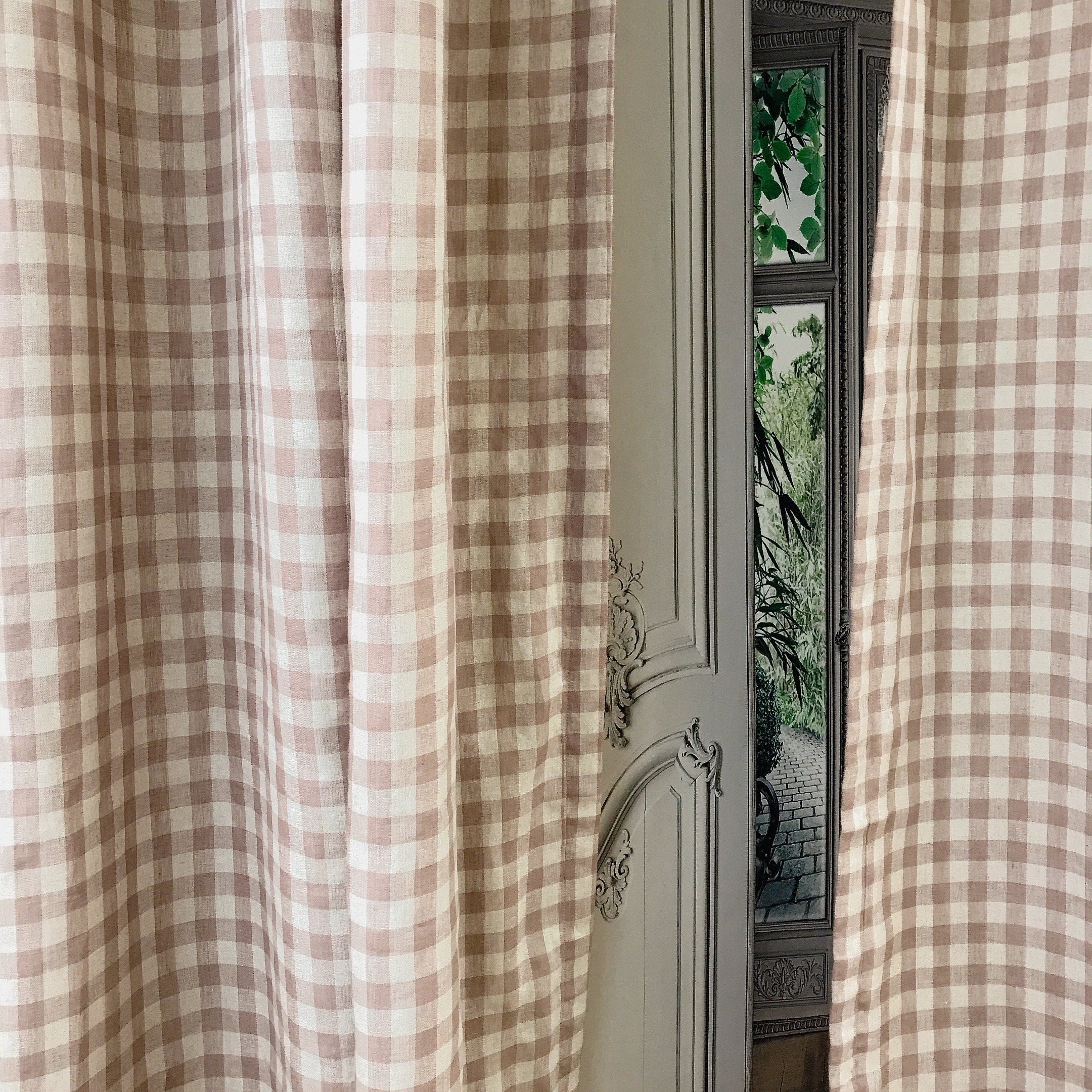 Pale Red Bean Brown and Natural Beige Gingham Linen Curtain