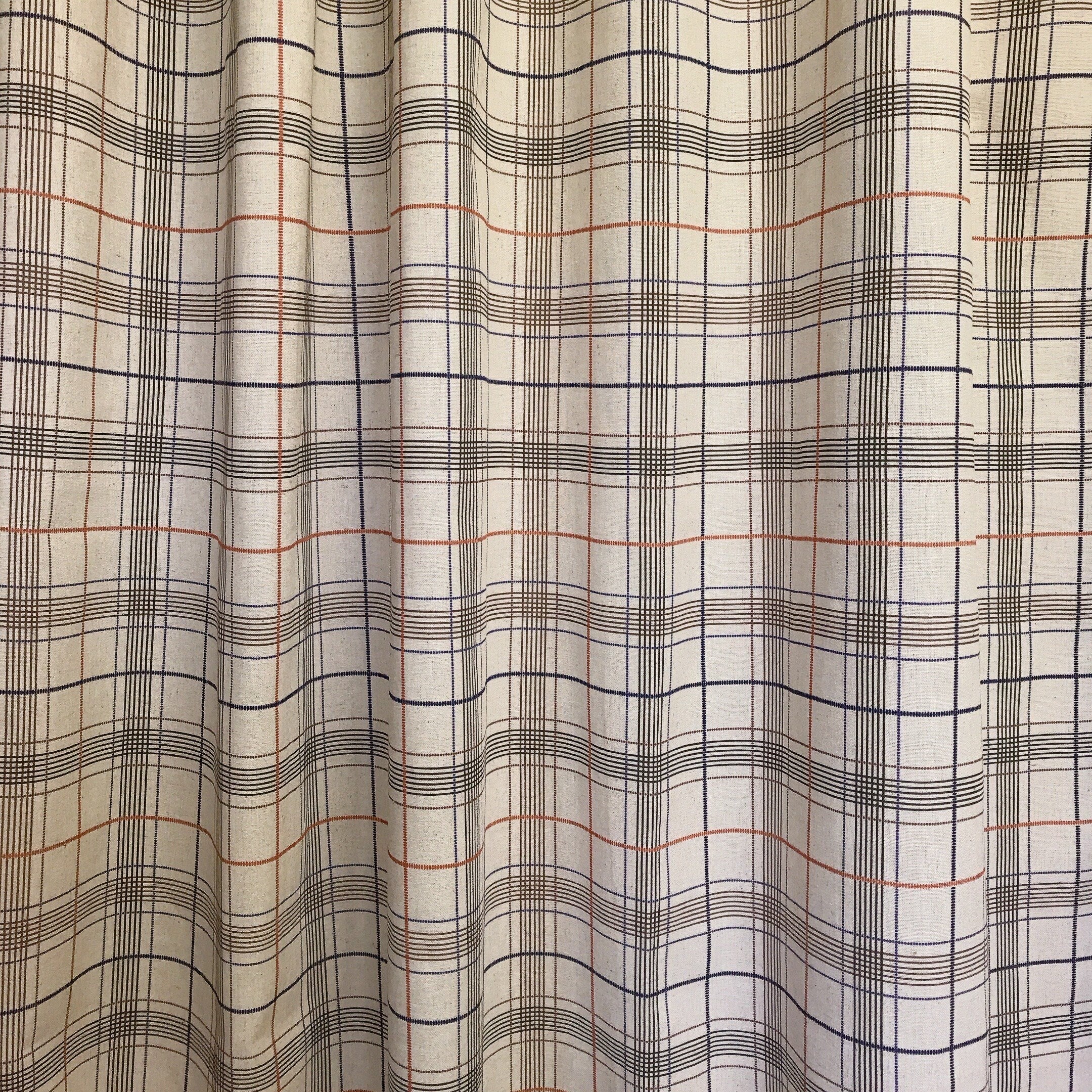 Plaid Orange Brown Indigo Blue Curtain on Natural Beige