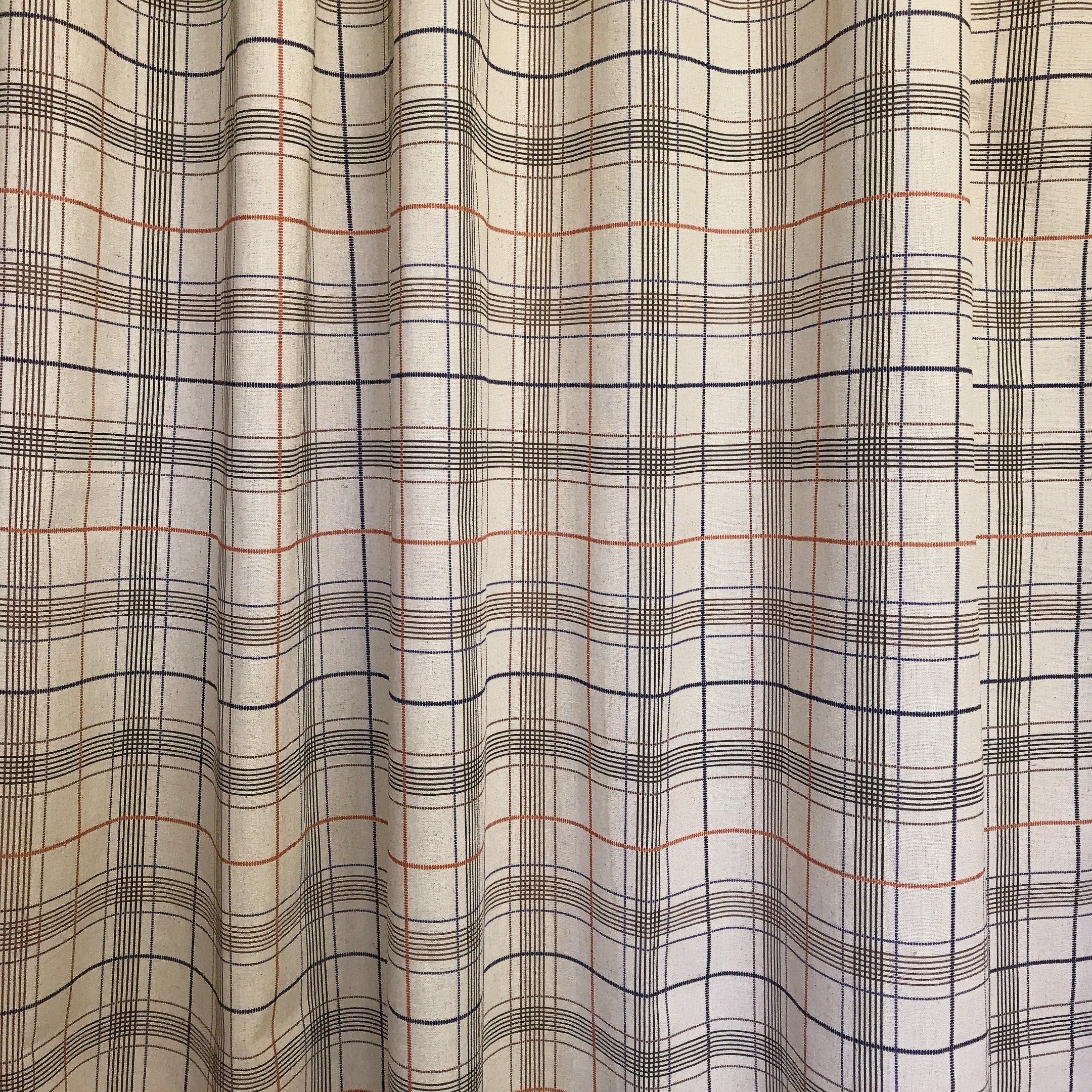 Orange Brown and Indigo Blue Plaid Curtain on Natural Beige