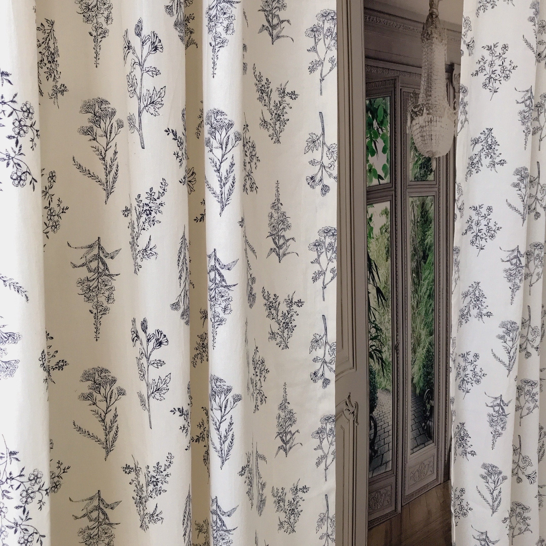 Navy Blue Botanical Curtain on Ivory