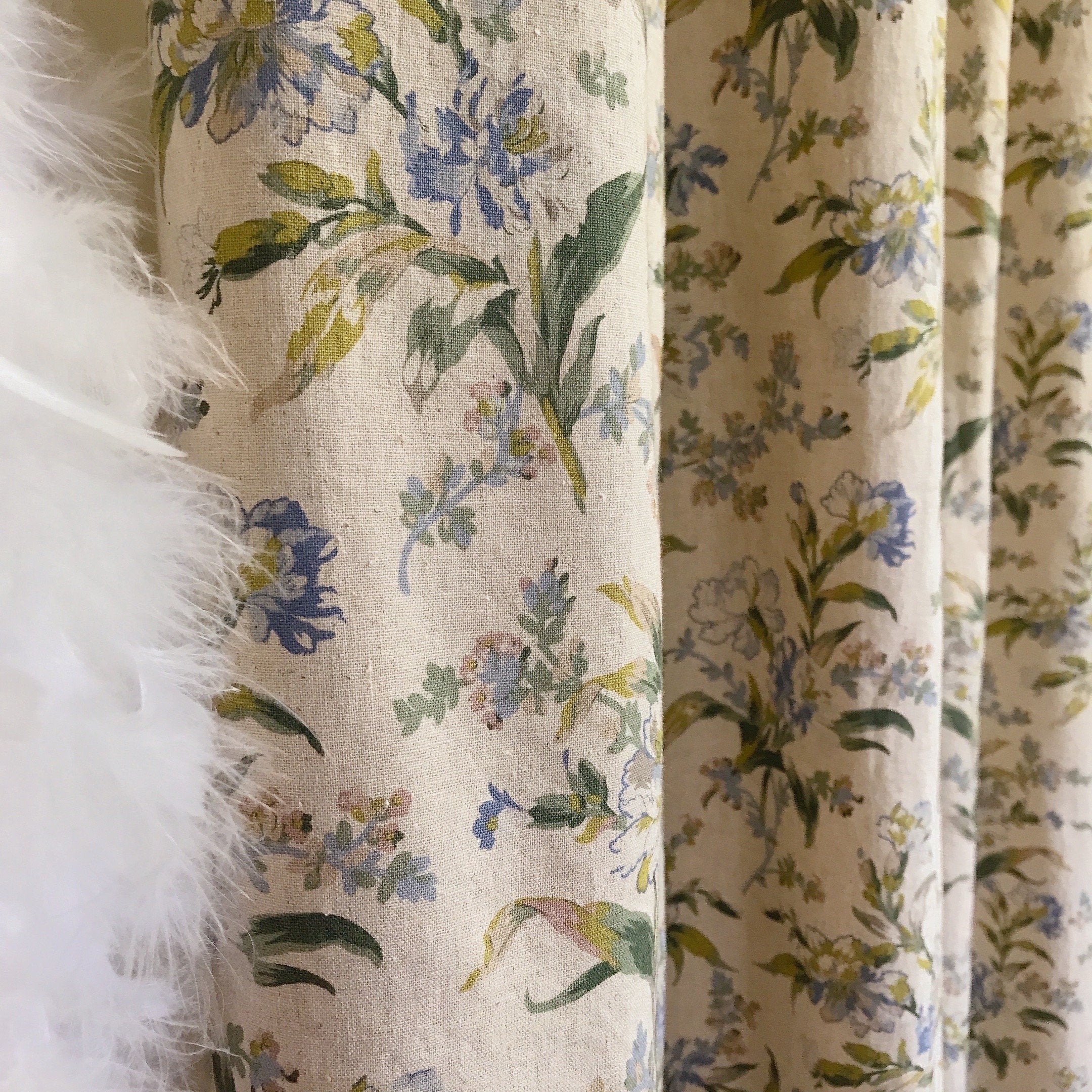 Blue and Green Floral Curtain on Natural Beige