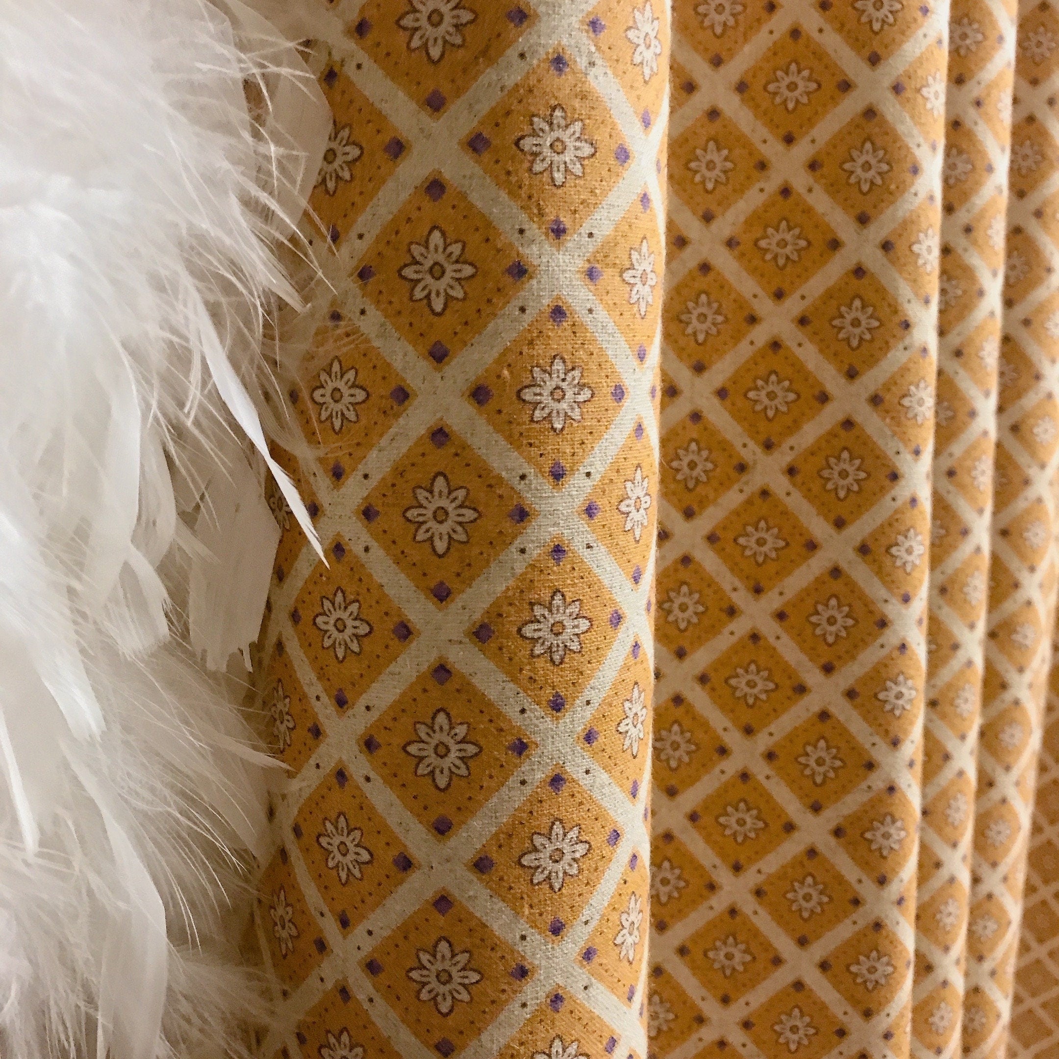 Camel and Beige Rhombus Floral Curtain on Natural Beige