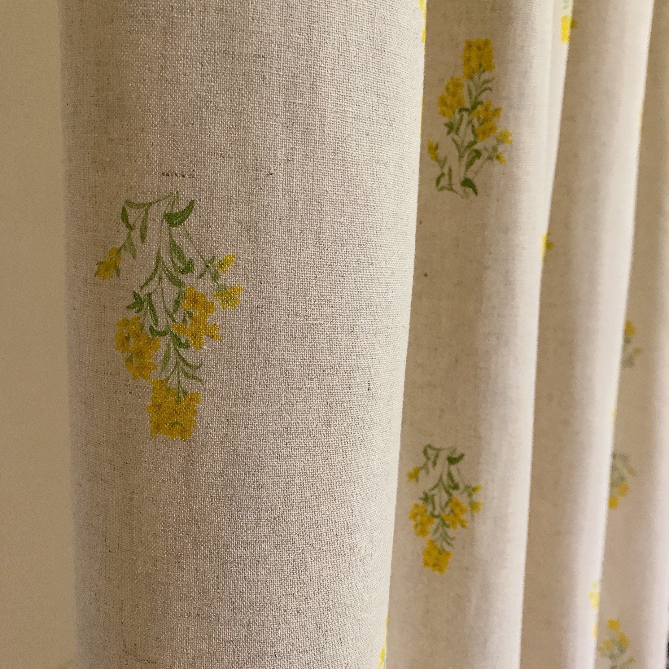 Lemon Yellow and Sage Green Floral Curtain on Natural Beige