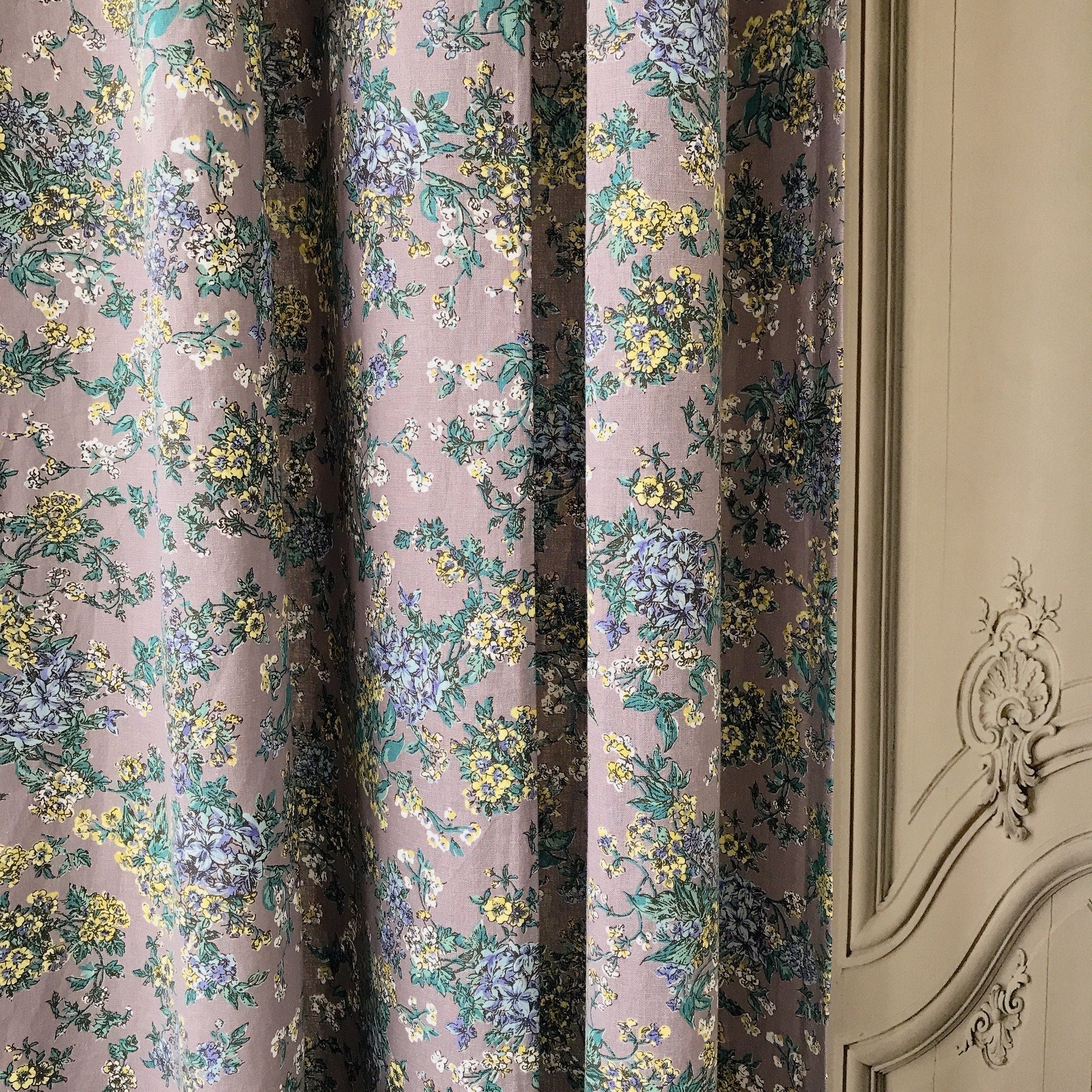Blue and Light Mustard Floral Curtain on Purple Grey