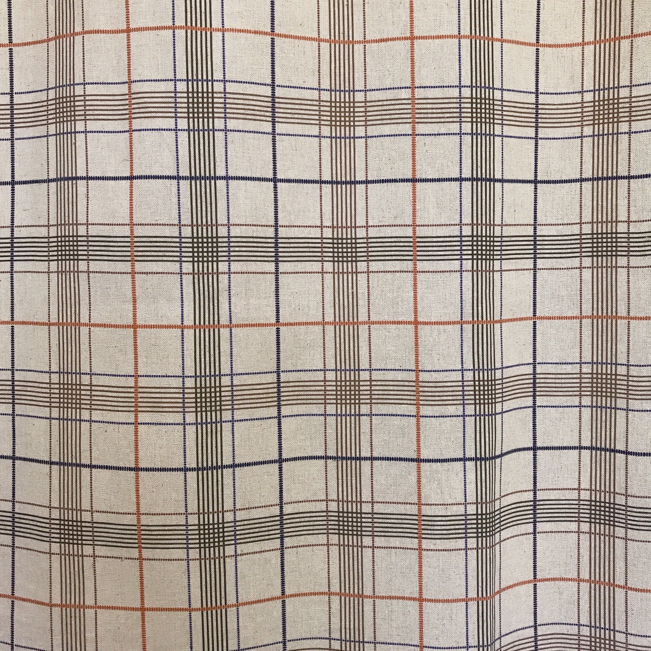 Orange Brown and Indigo Blue Plaid Curtain on Natural Beige