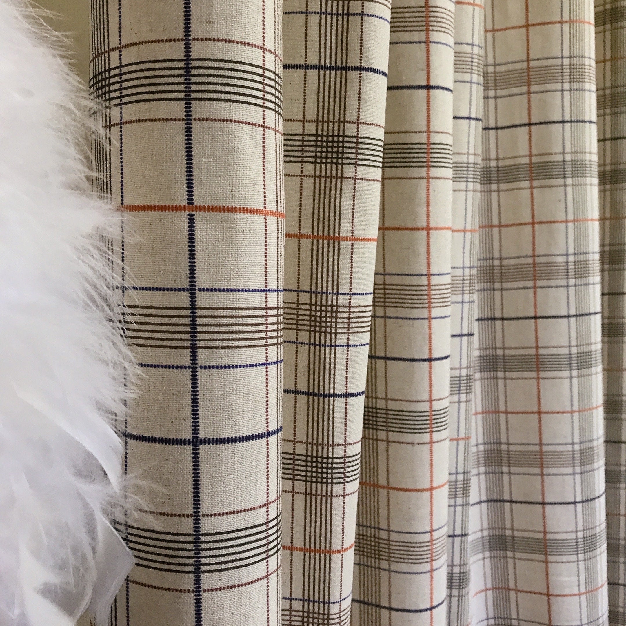 Orange Brown and Indigo Blue Plaid Curtain on Natural Beige