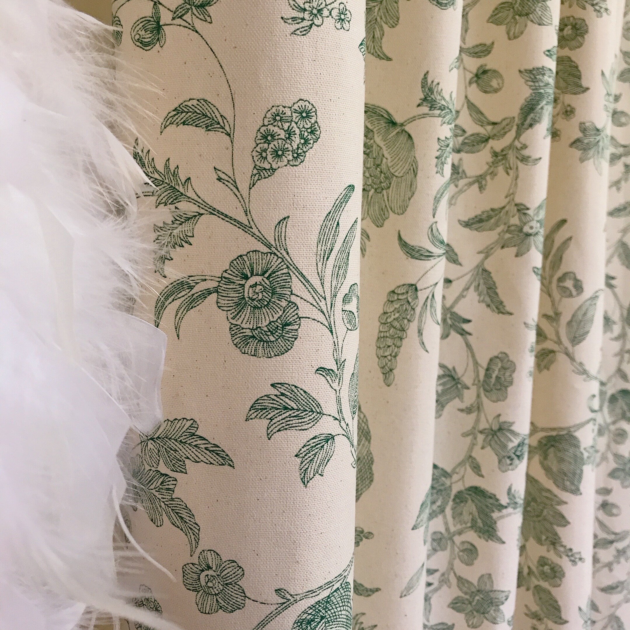 Green Floral Curtain on Natural Beige