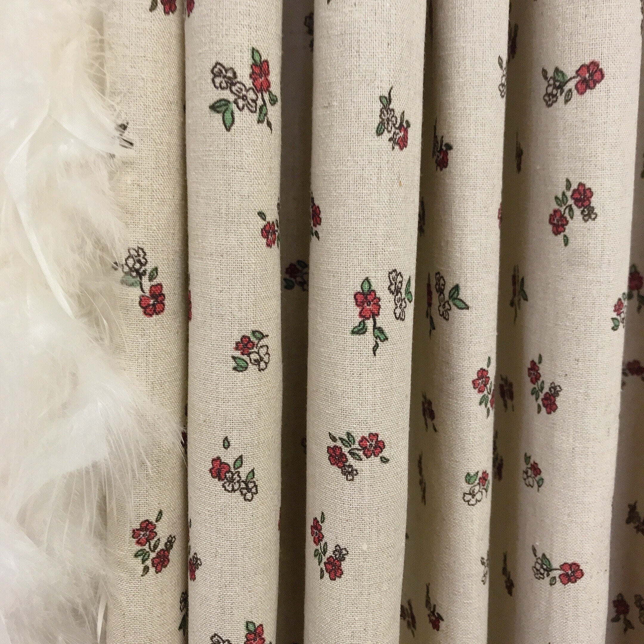 Small Red Floral Curtain on Natural Beige