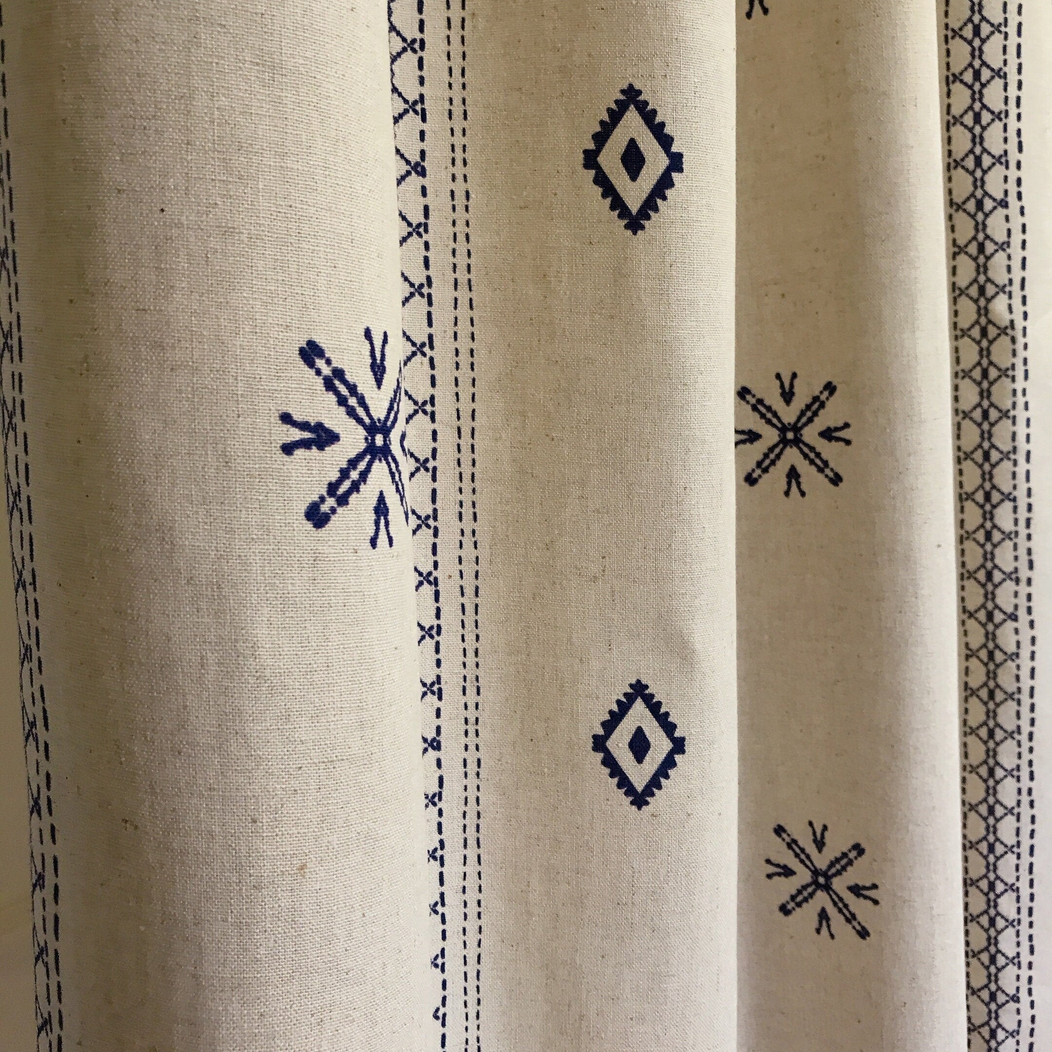 Indigo Blue Shapes Curtain on Natural Beige