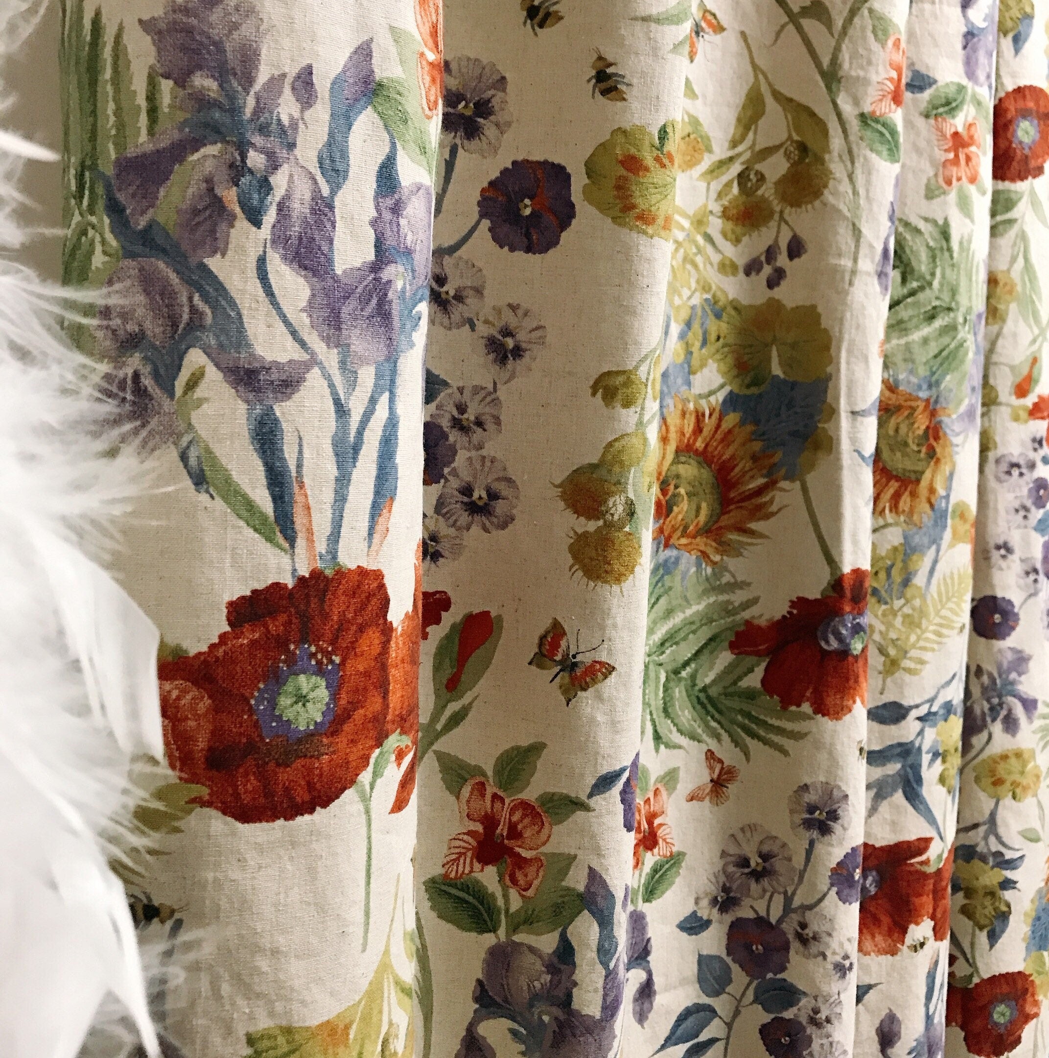 Deep Poppy Red and Soft Purple Floral Curtain on Natural Beige