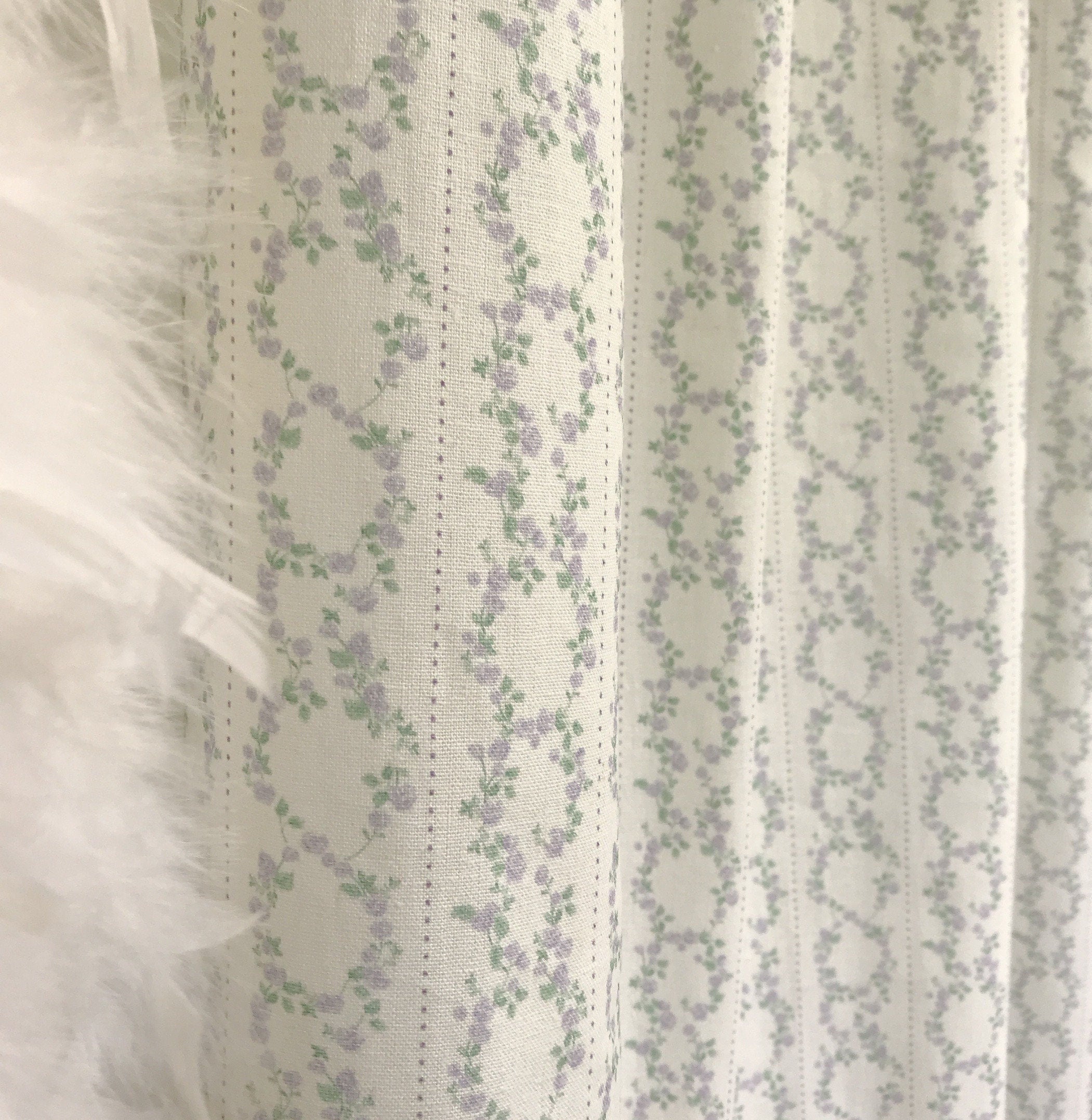 Lavender Floral Curtain with Green Vines on White