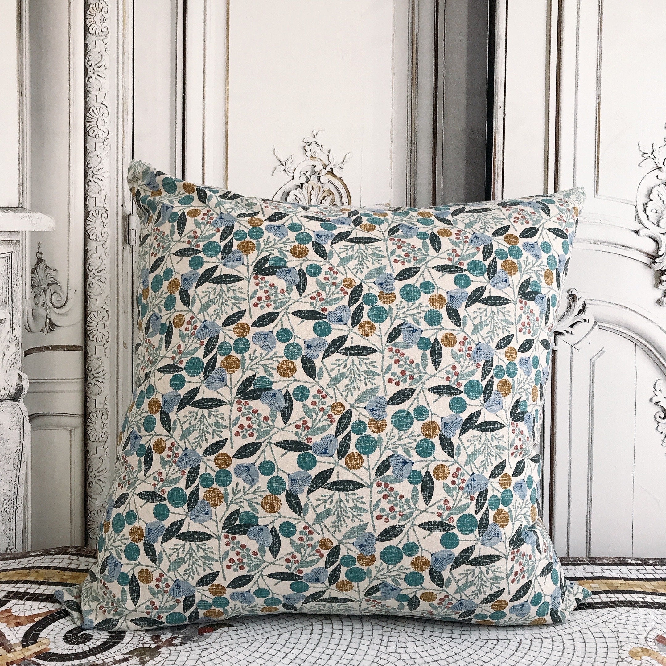 Teal Cherry Blossom Cushion Cover on Natural Beige
