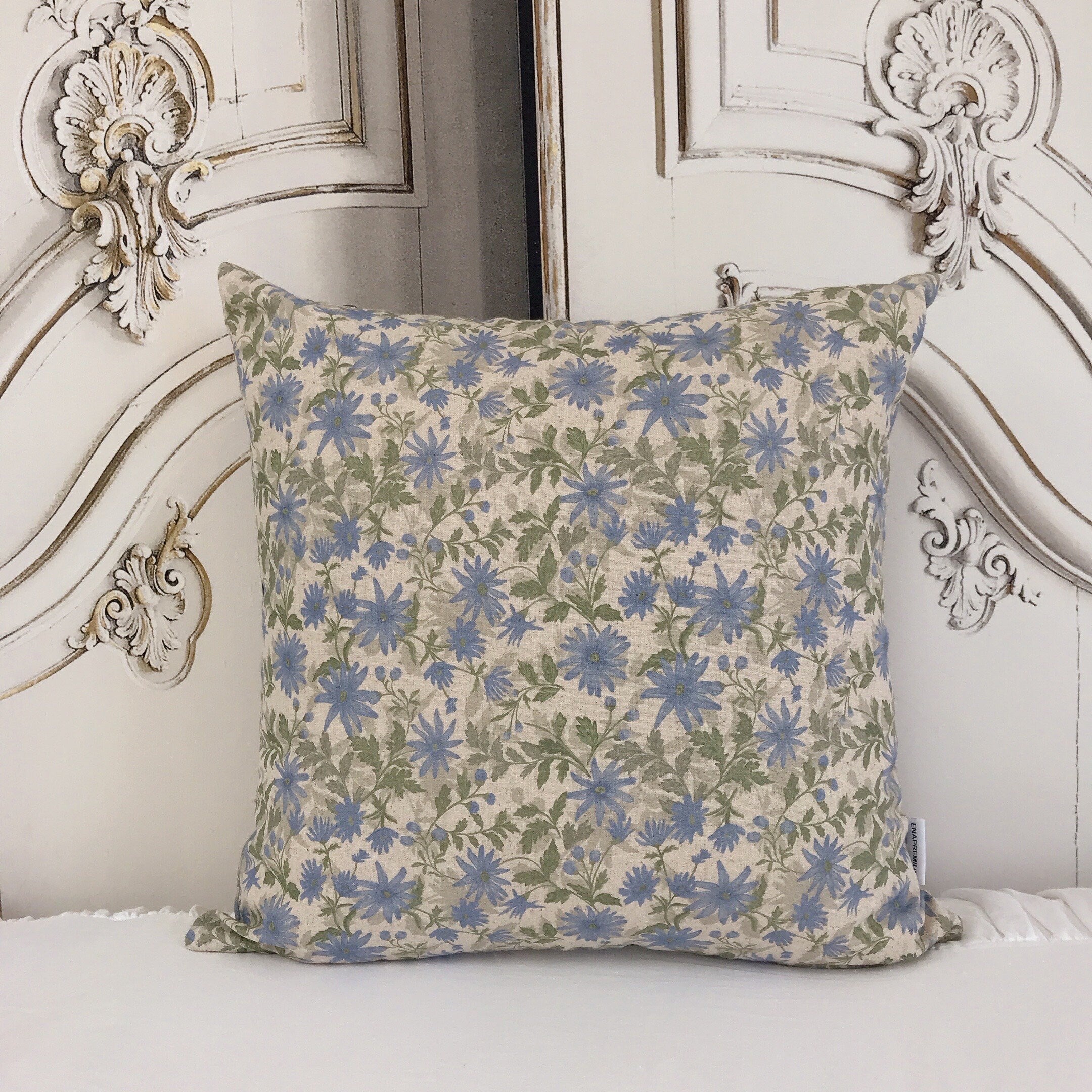 Pale Blue Sage Floral Cushion Cover With Natural Beige